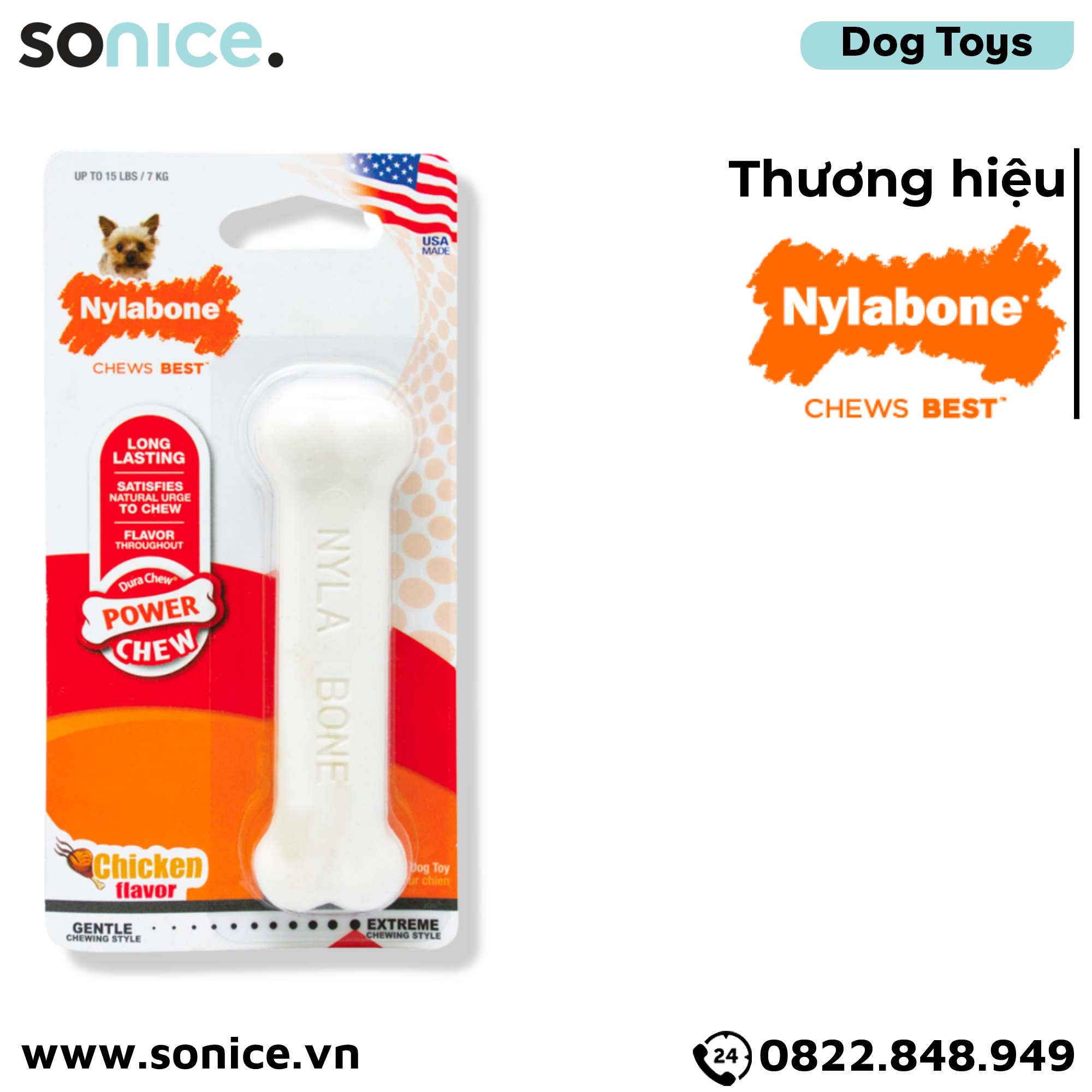 Đồ chơi Nylabone Long Lasting Power Chew Chicken Flavor Toys X-Small Size - Vị thịt gà, cho chó < 7kg SONICE.