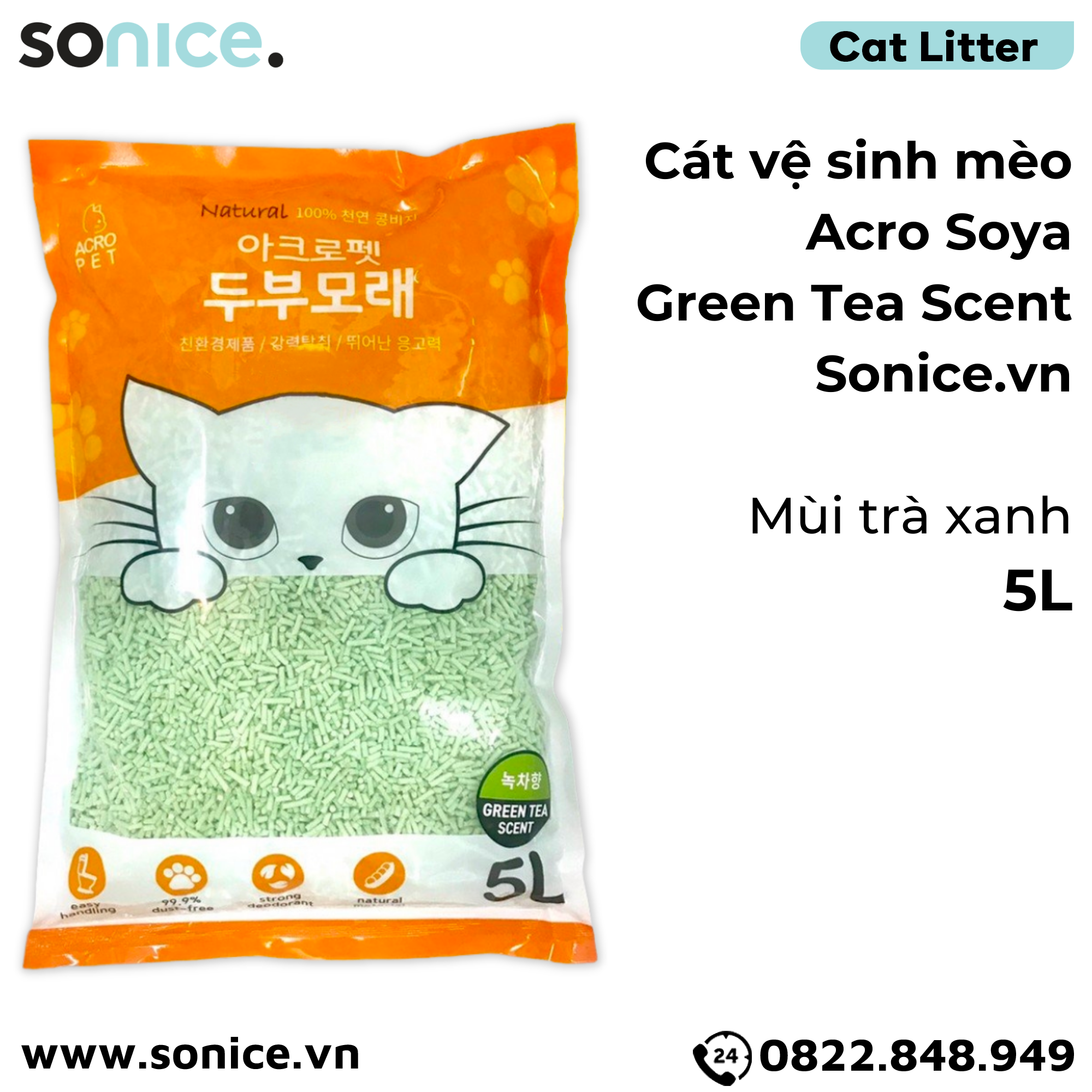  Cát vệ sinh mèo ACRO SOYA 5L - Green Tea SONICE. 