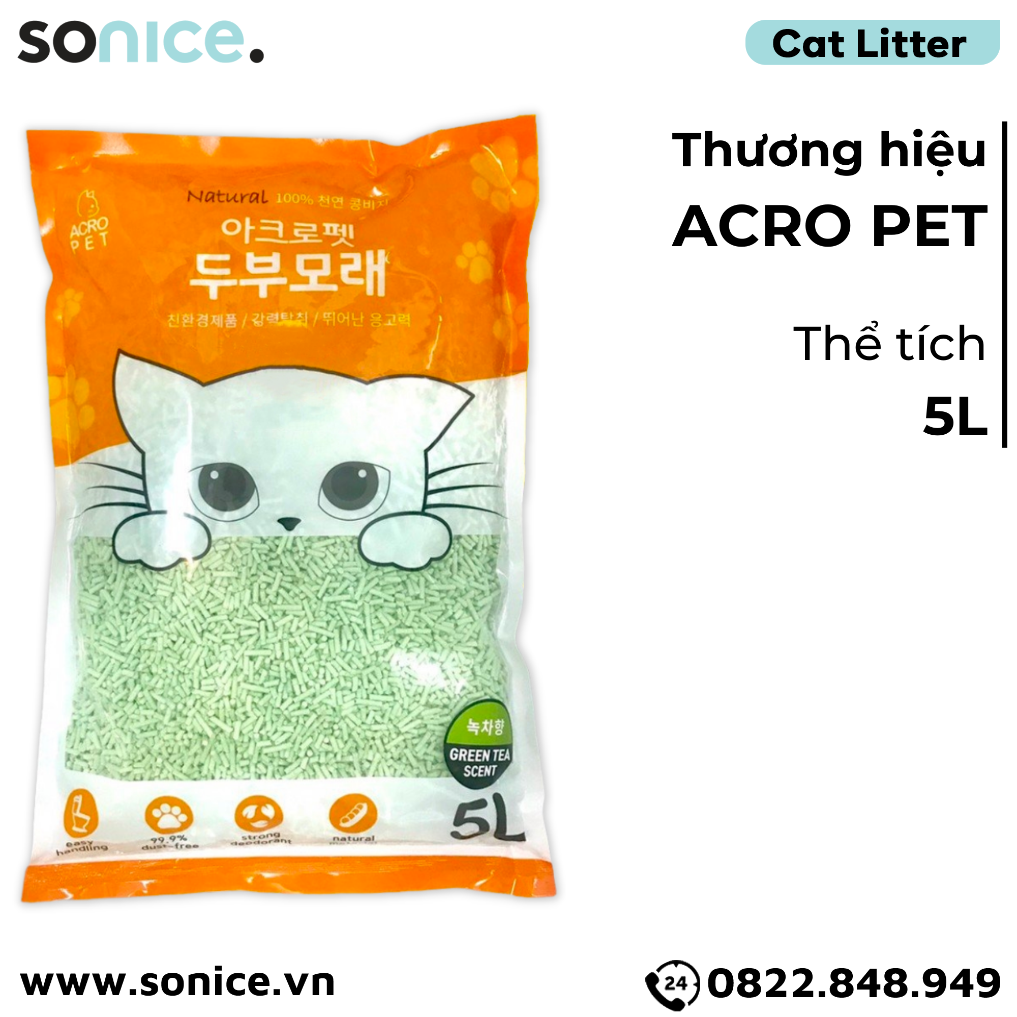  Cát vệ sinh mèo ACRO SOYA 5L - Green Tea SONICE. 