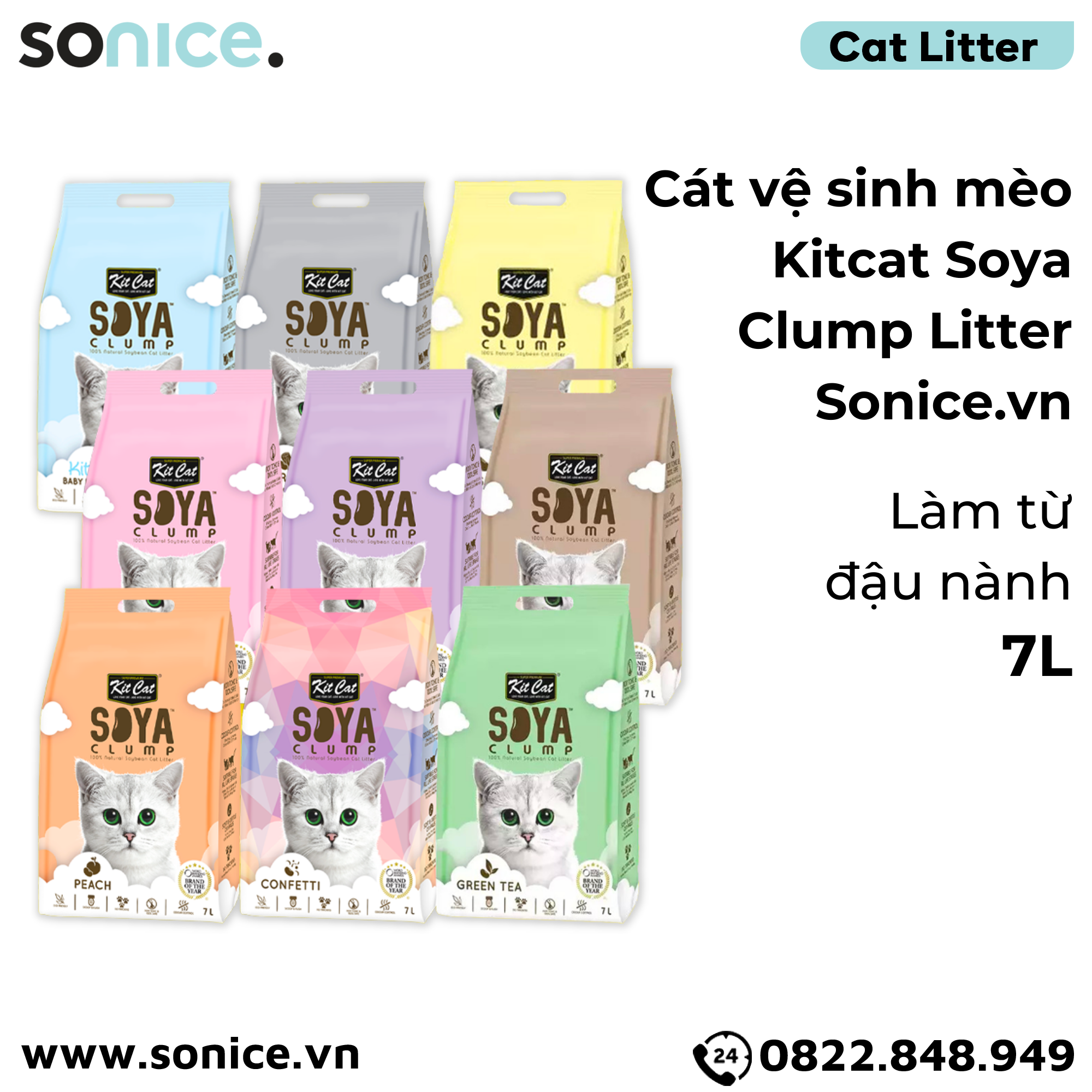  Cát vệ sinh mèo KitCat Soya Clump Litter 7L - Làm từ đậu nành tofu SONICE. 