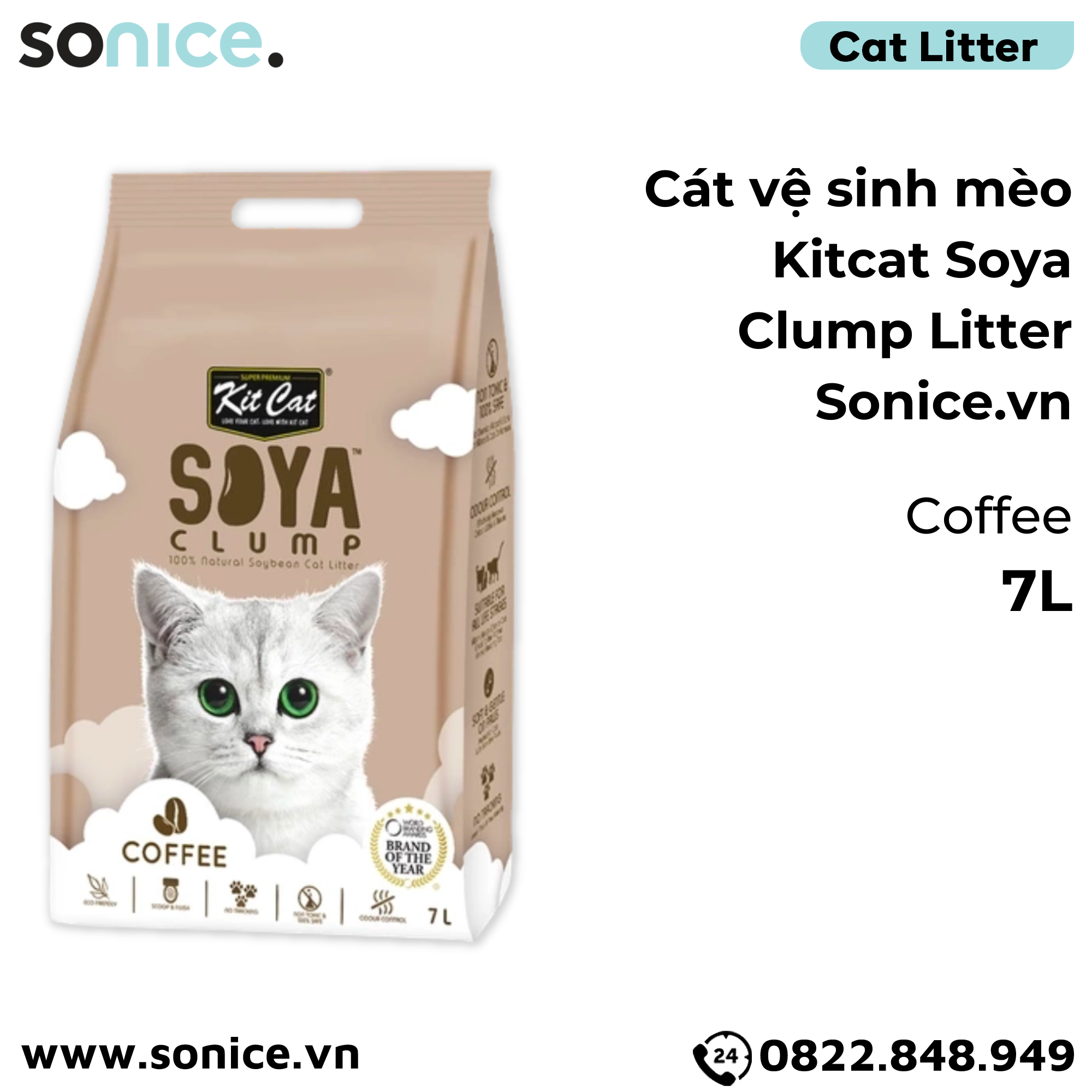  Cát vệ sinh mèo KitCat Soya Clump Litter 7L - Làm từ đậu nành tofu SONICE. 