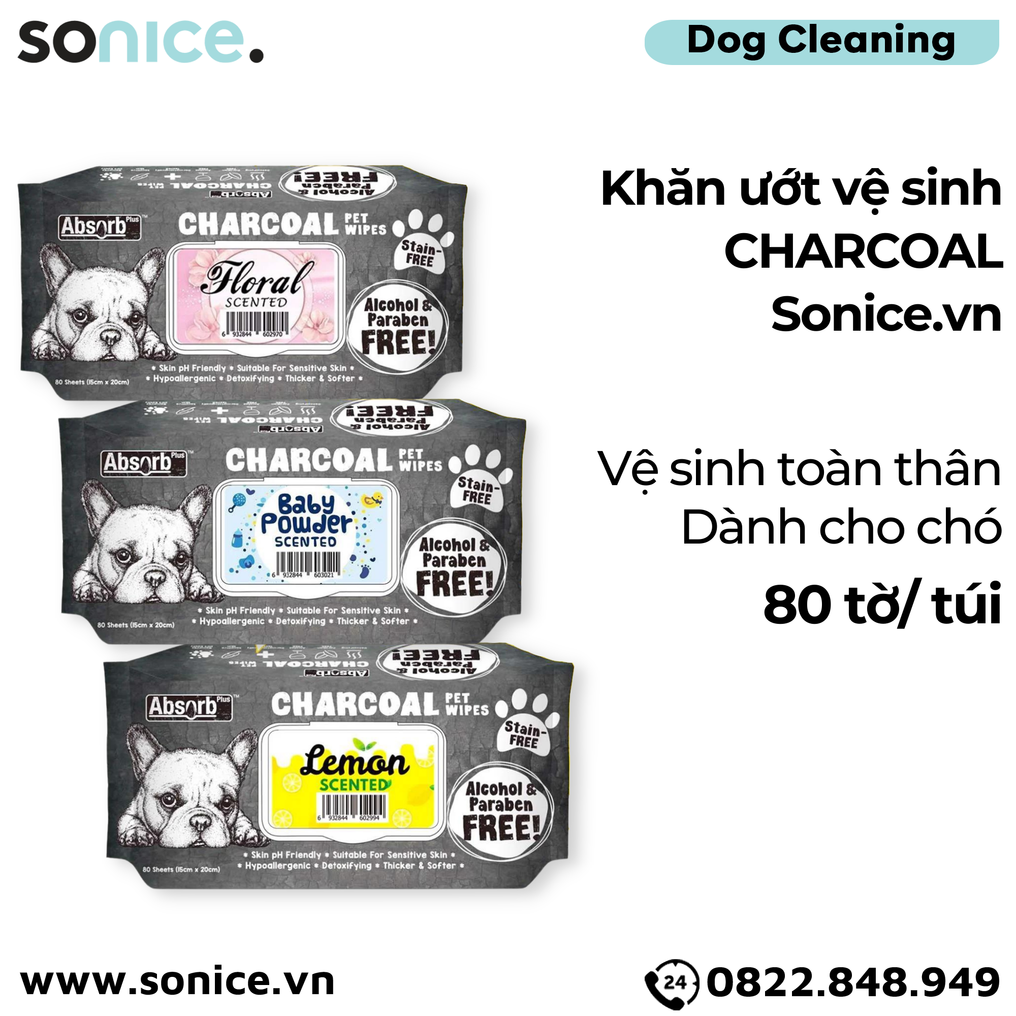 Khăn ướt vệ sinh Charcoal - 80 Miếng - 6 Mùi Hương SONICE.