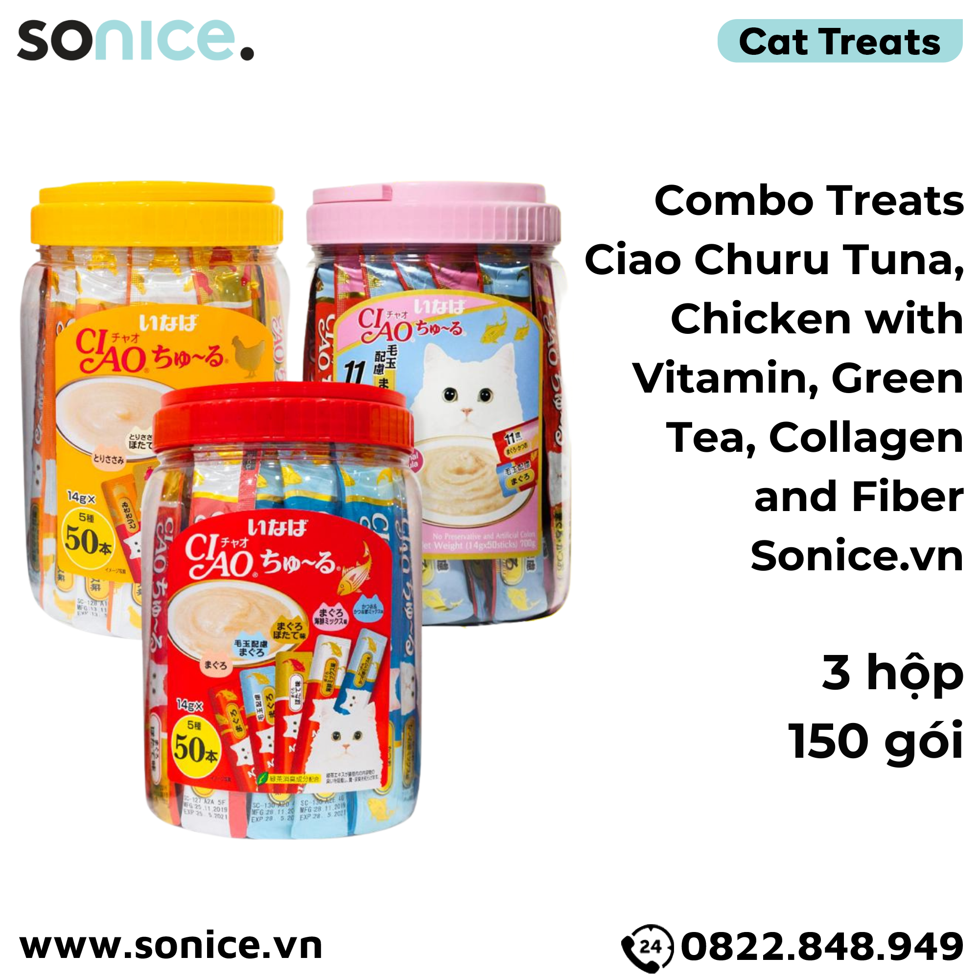 Combo Treats Ciao Churu Tuna, Chicken with Vitamin, Green Tea, Collagen and Fiber - 150 gói mix vị SONICE.