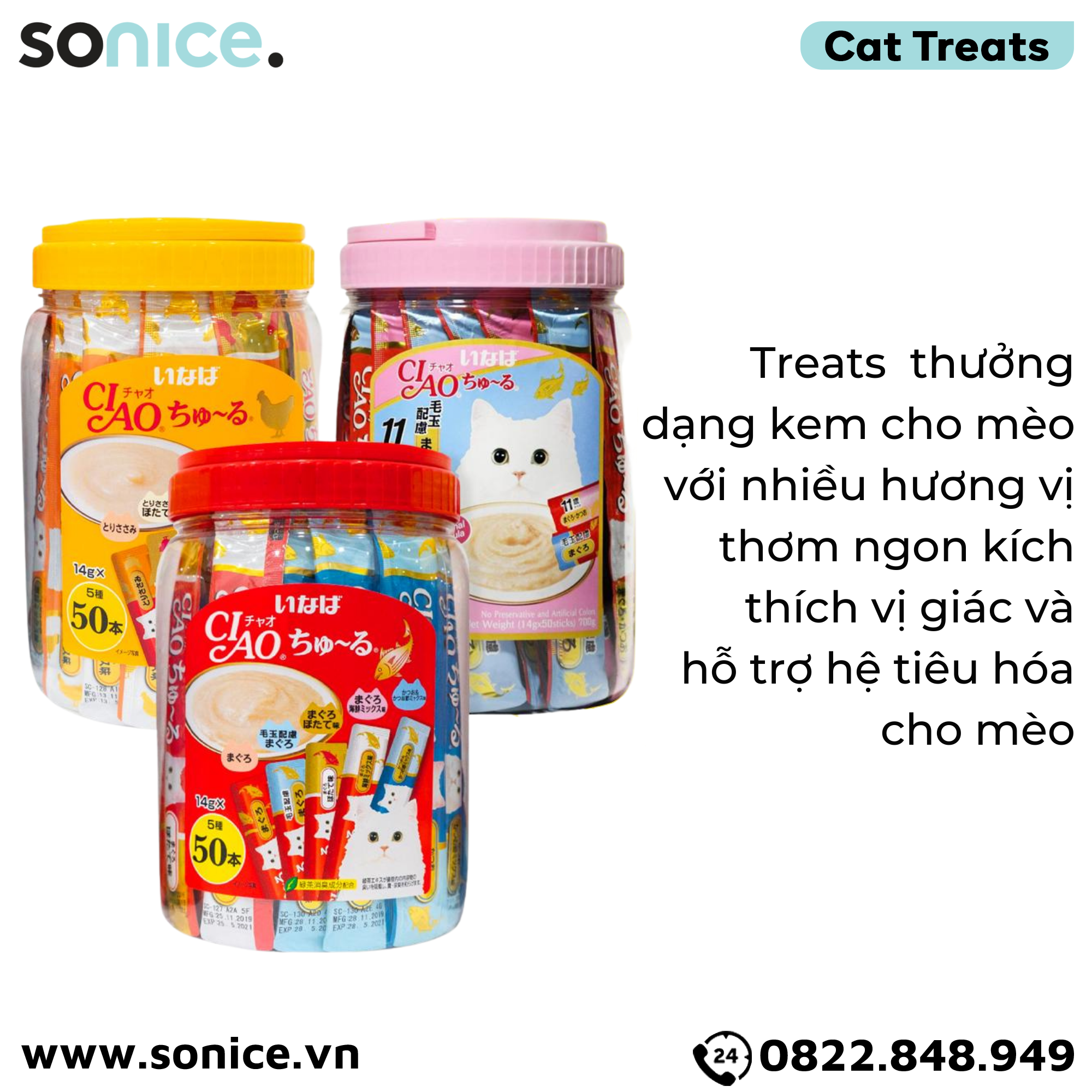 Combo Treats Ciao Churu Tuna, Chicken with Vitamin, Green Tea, Collagen and Fiber - 150 gói mix vị SONICE.