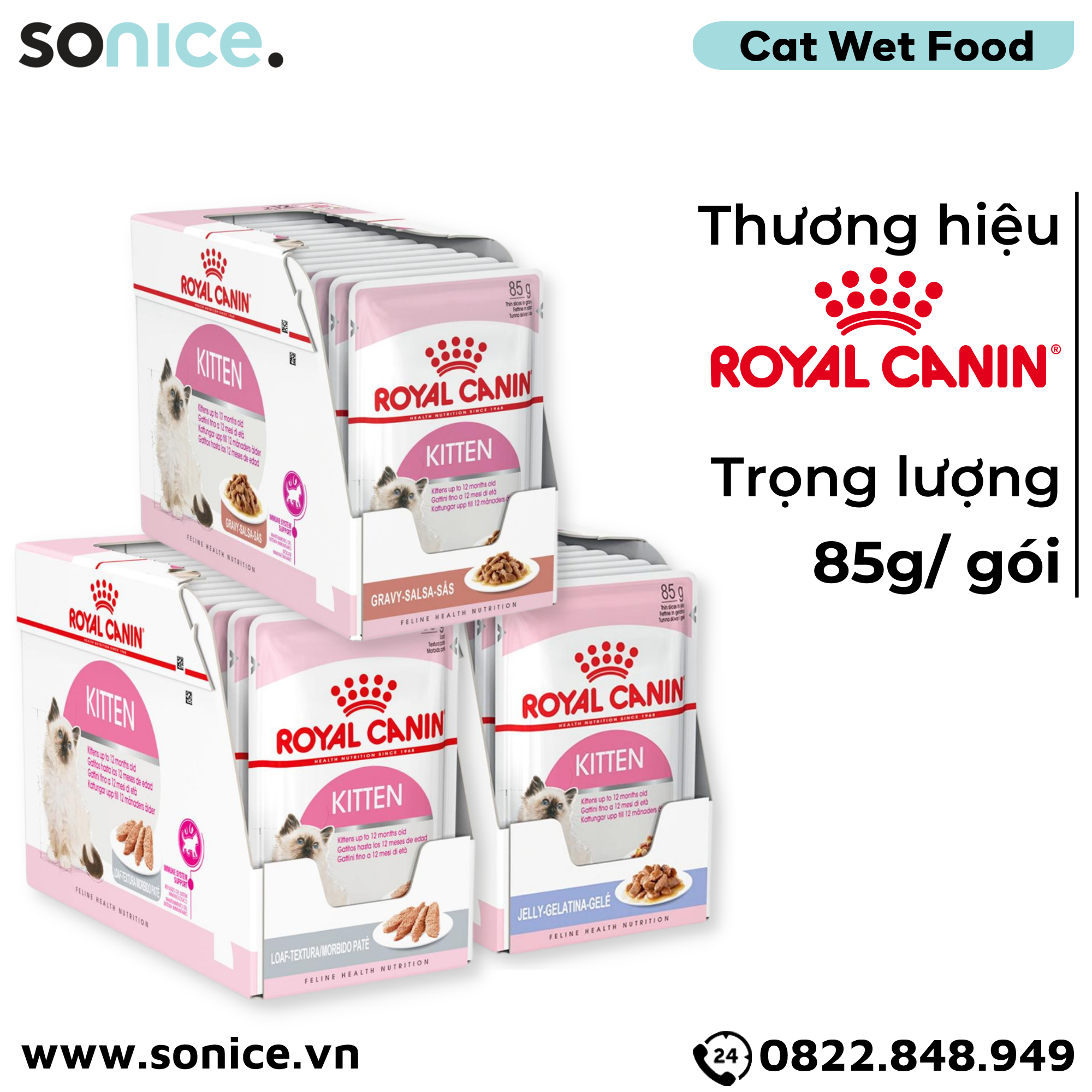 Combo Pate mèo Royal Canin Kitten Jelly, Gravy, Loaf - 36 gói SONICE.