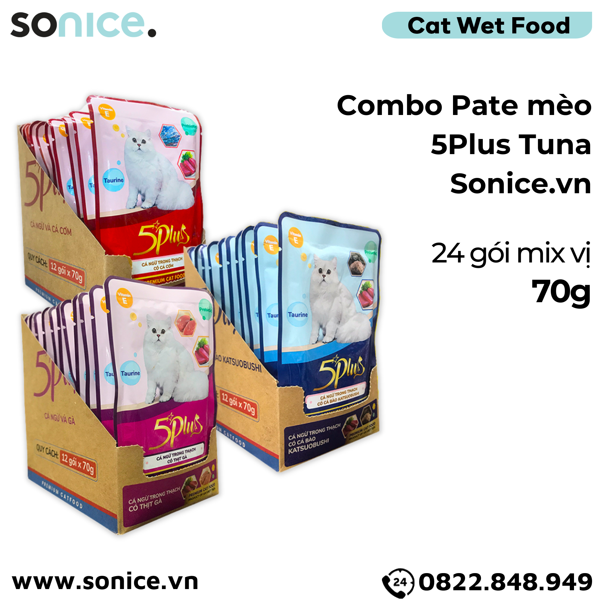  Combo Pate mèo 5Plus Tuna 70g - 24 gói mix SONICE. 