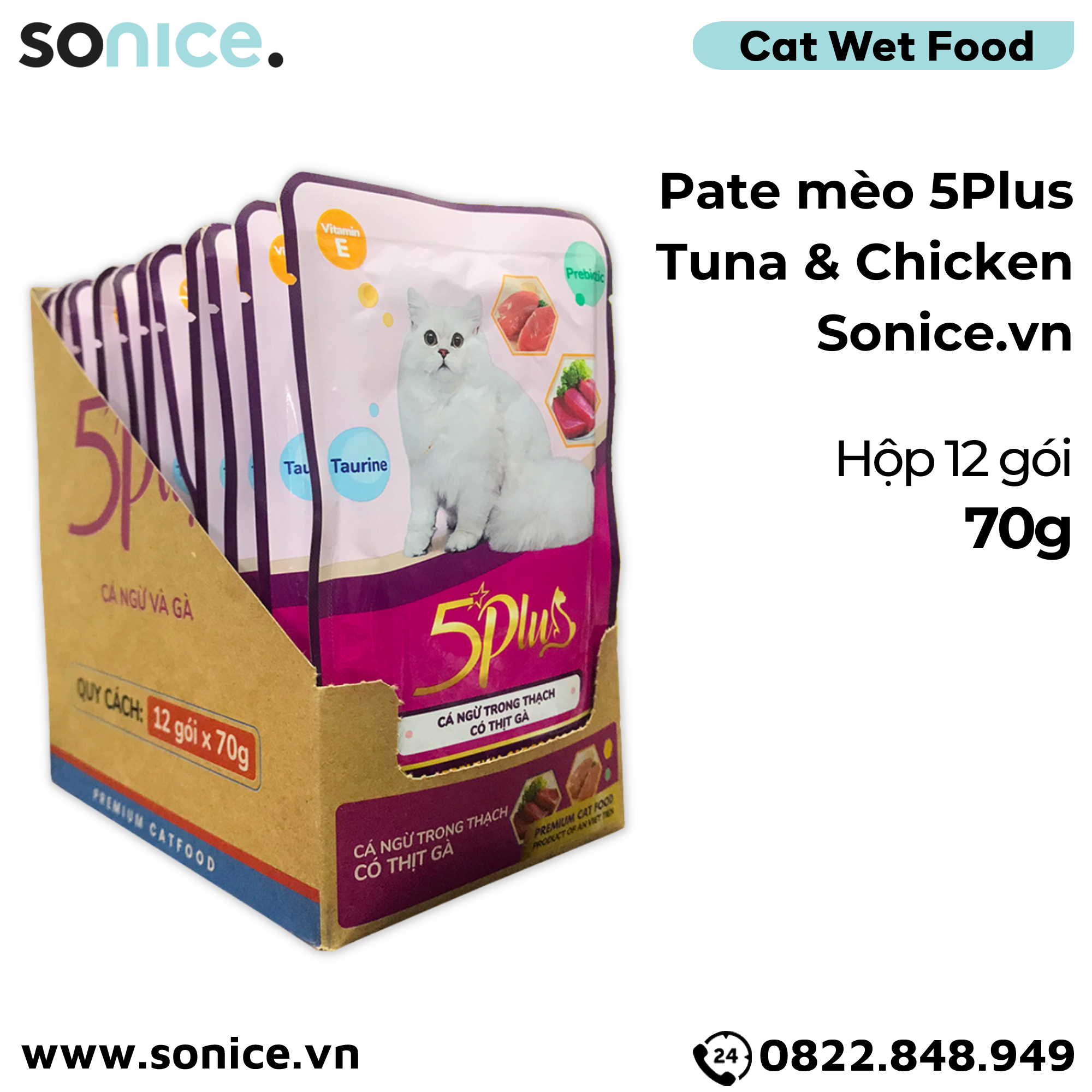 Combo Pate mèo 5Plus Tuna 70g - 24 gói mix SONICE.