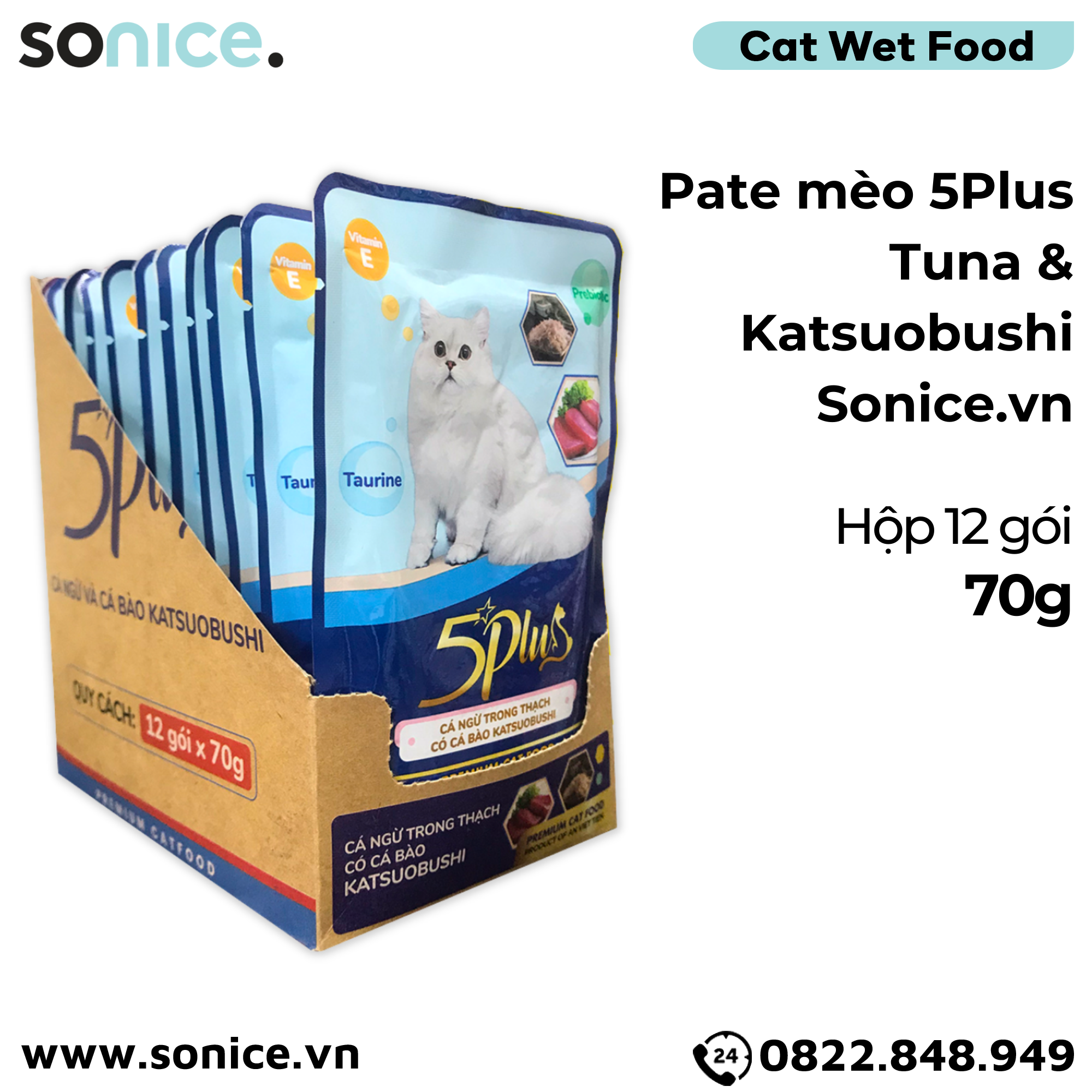 Combo Pate mèo 5Plus Tuna 70g - 24 gói mix SONICE.