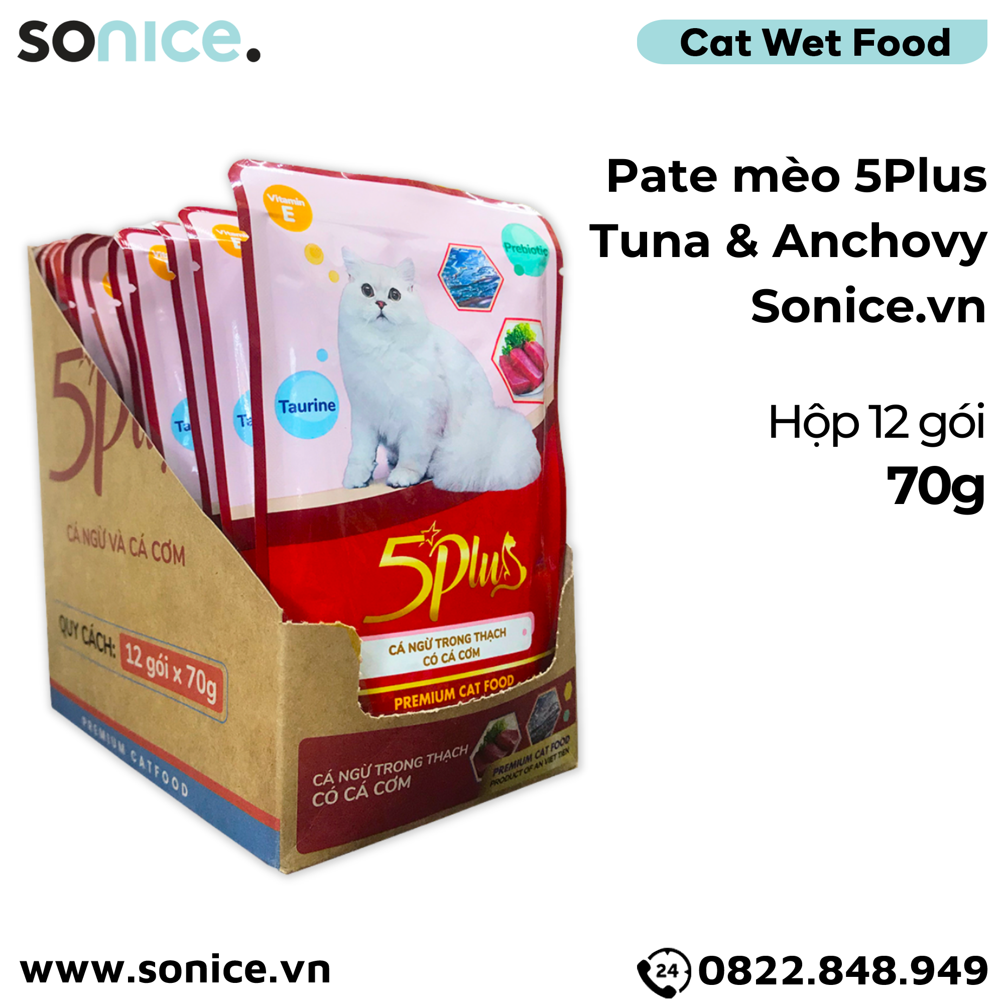 Combo Pate mèo 5Plus Tuna 70g - 24 gói mix SONICE.