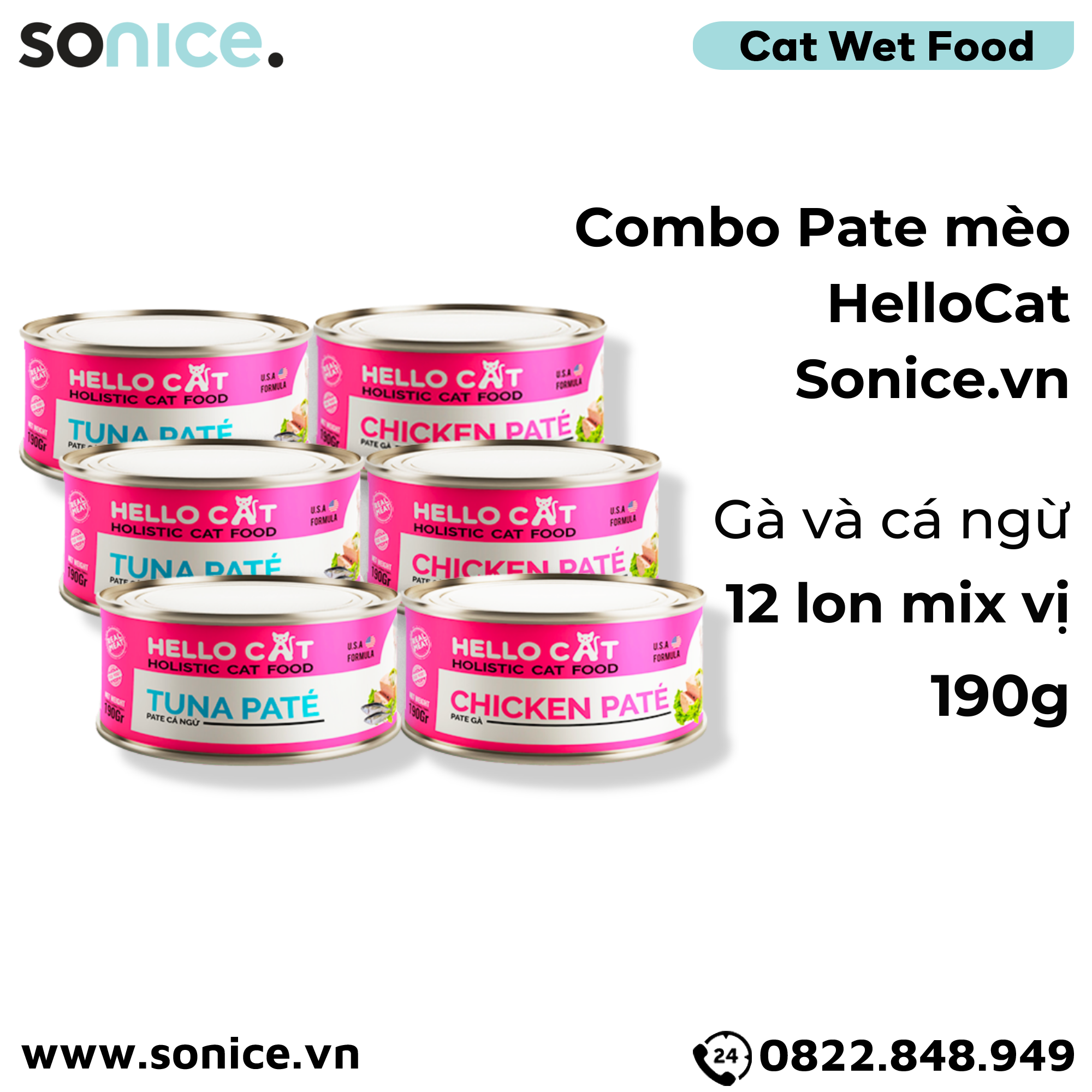 Combo Pate mèo HelloCat 190g - 12 lon, mix Gà & Cá Ngừ SONICE.