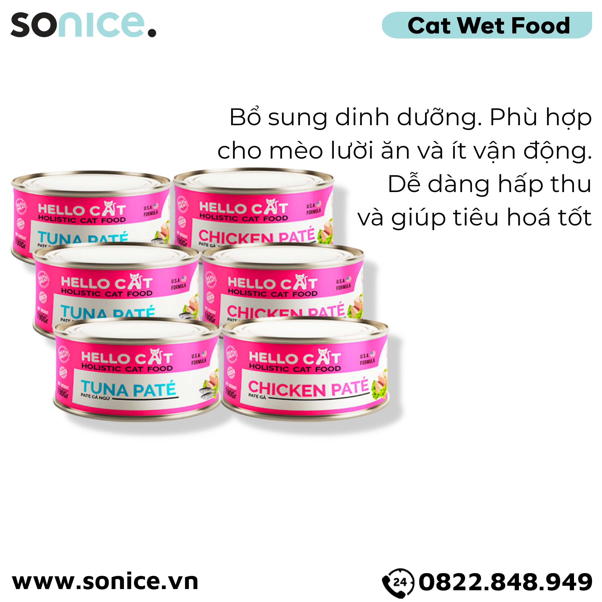 Combo Pate mèo HelloCat 190g - 24 lon, mix Gà & Cá Ngừ SONICE.