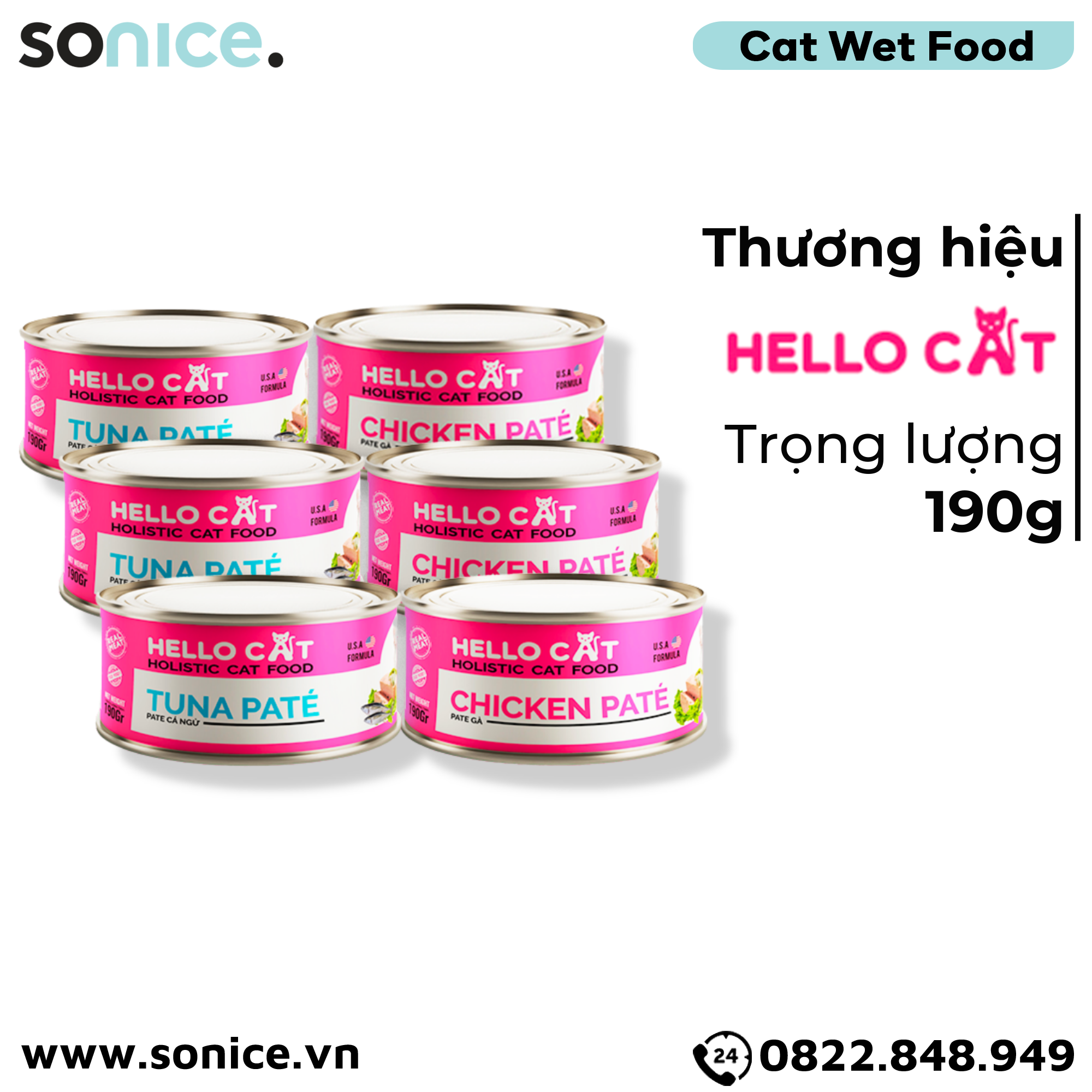 Combo Pate mèo HelloCat 190g - 24 lon, mix Gà & Cá Ngừ SONICE.