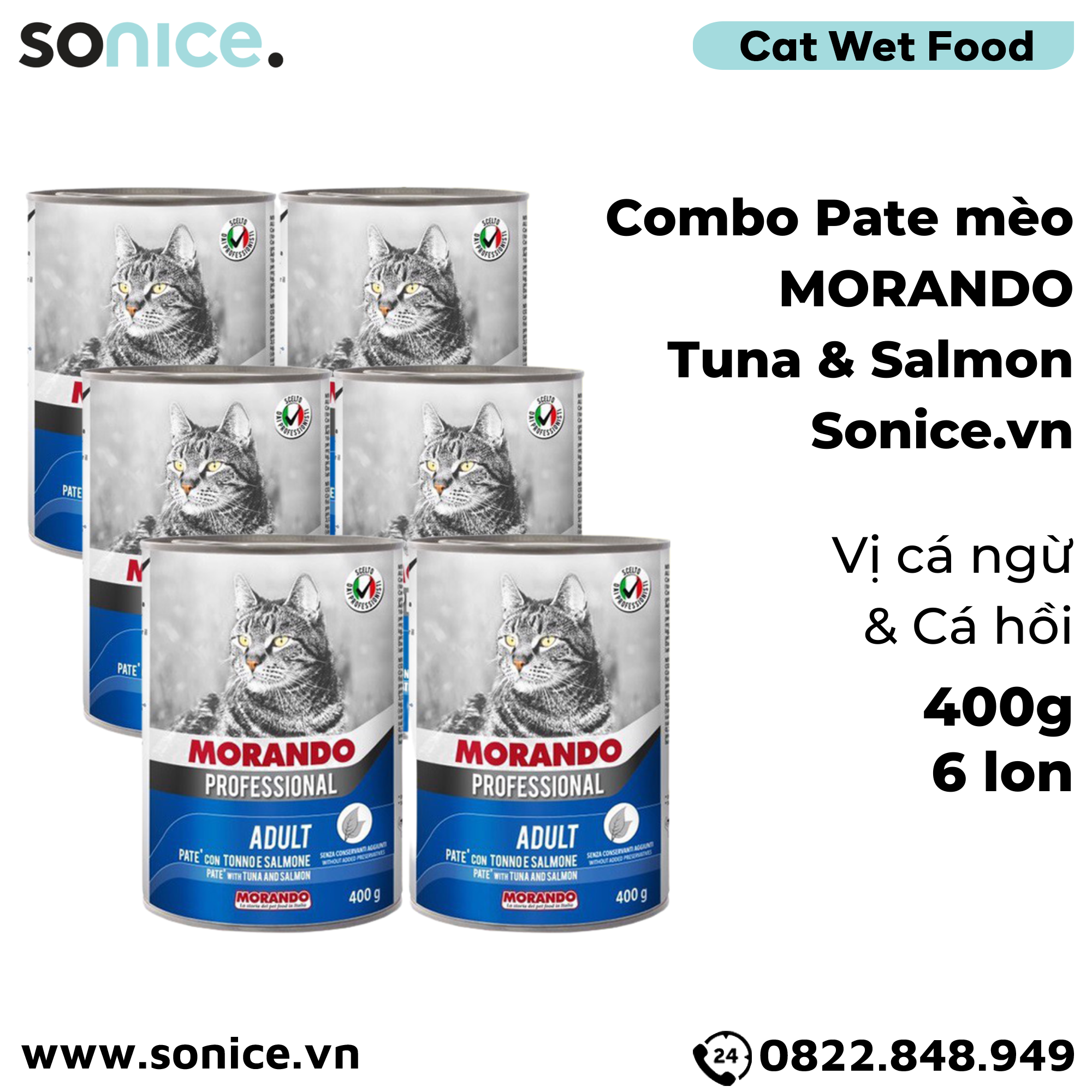 Combo Pate mèo Morando vị Cá Ngừ & Cá Hồi 400g - 6 lon SONICE.