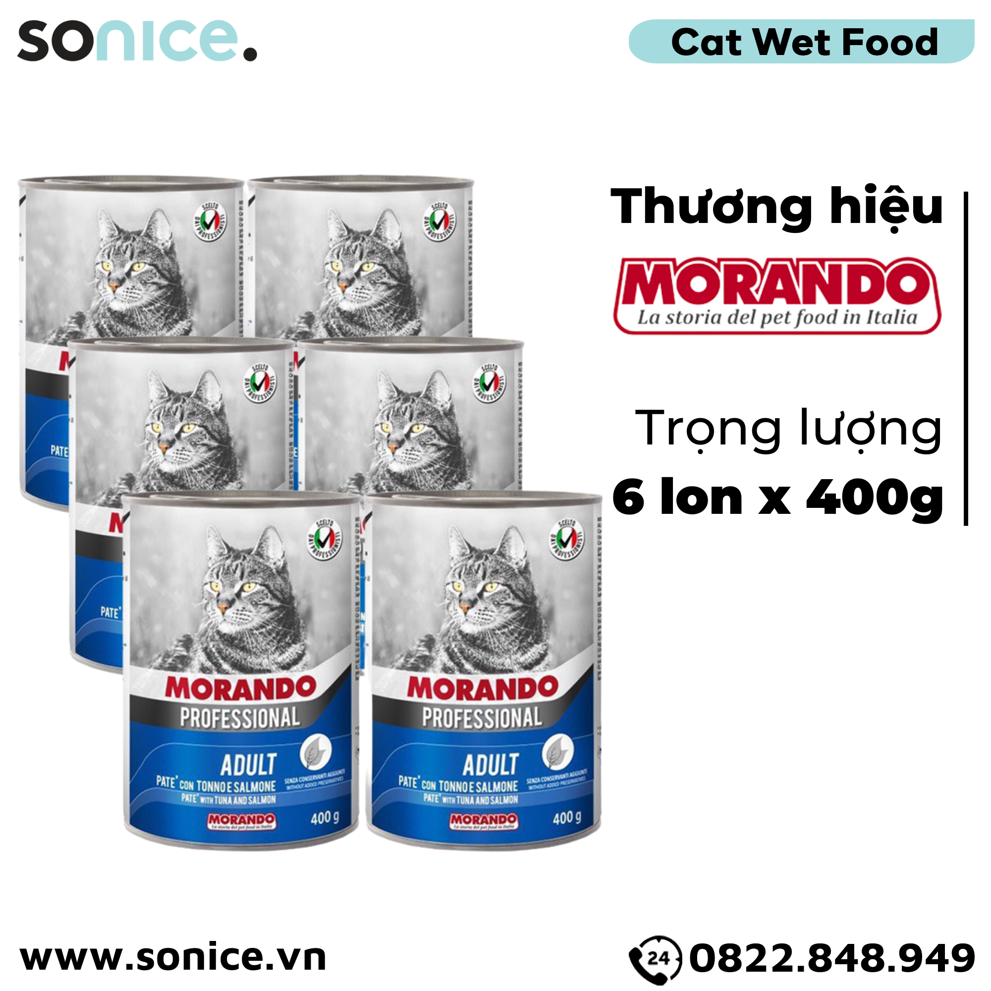 Combo Pate mèo Morando vị Cá Ngừ & Cá Hồi 400g - 6 lon SONICE.