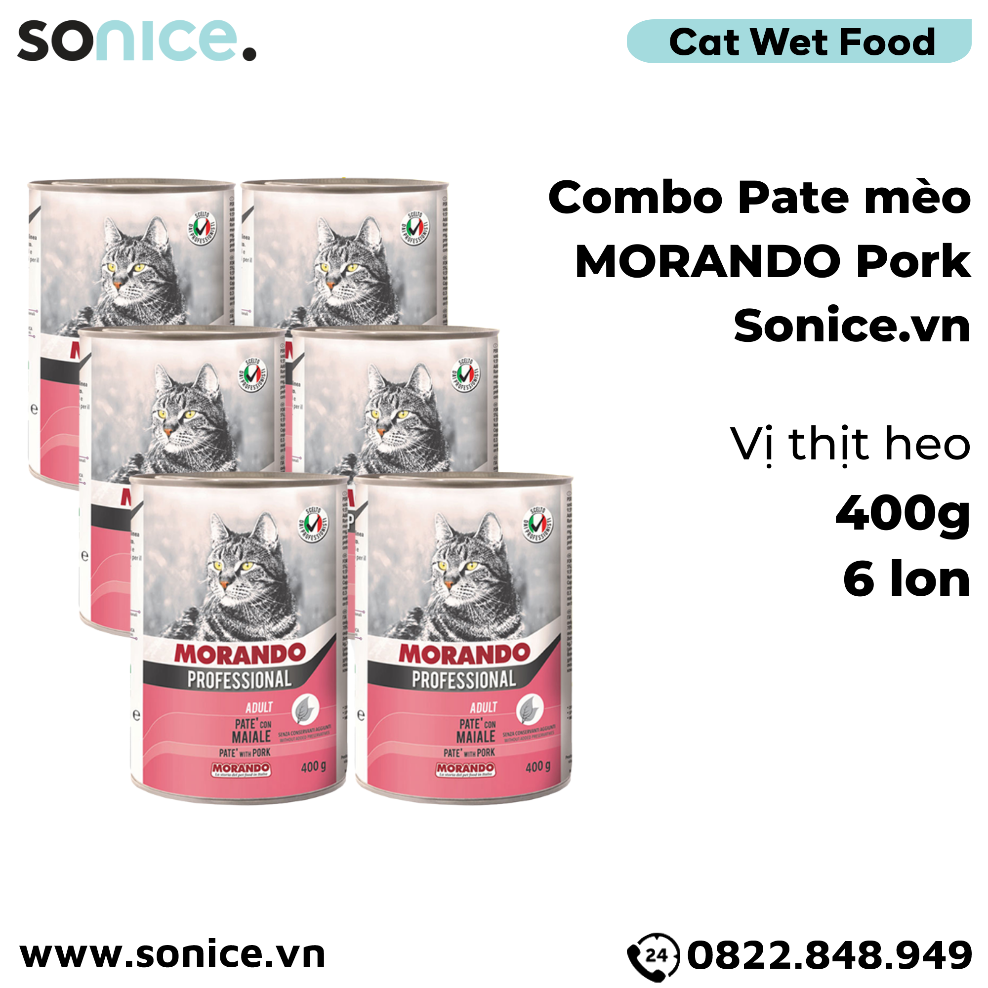 Combo Pate mèo Morando vị Thịt heo 400g - 6 lon SONICE.