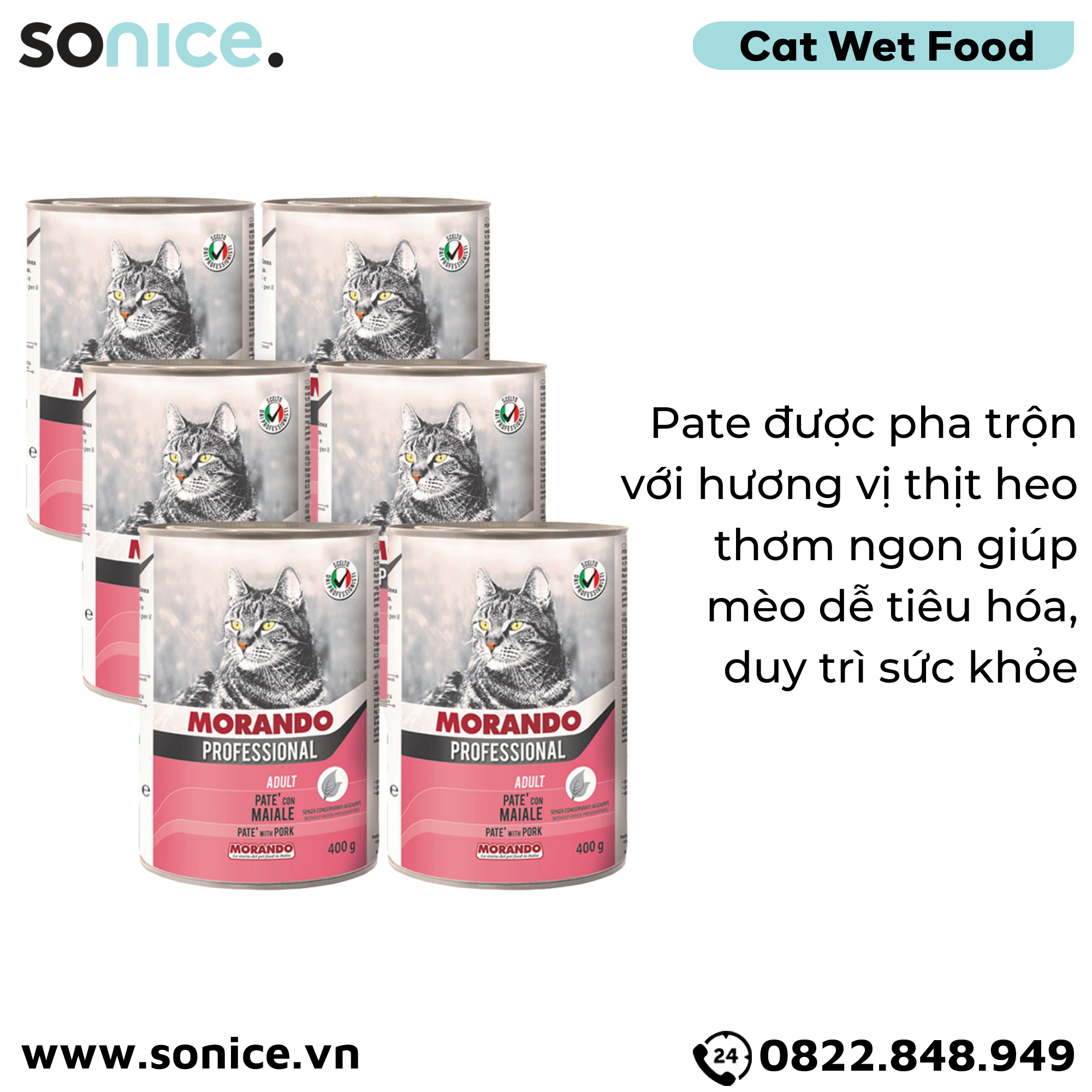 Combo Pate mèo Morando vị Thịt heo 400g - 6 lon SONICE.