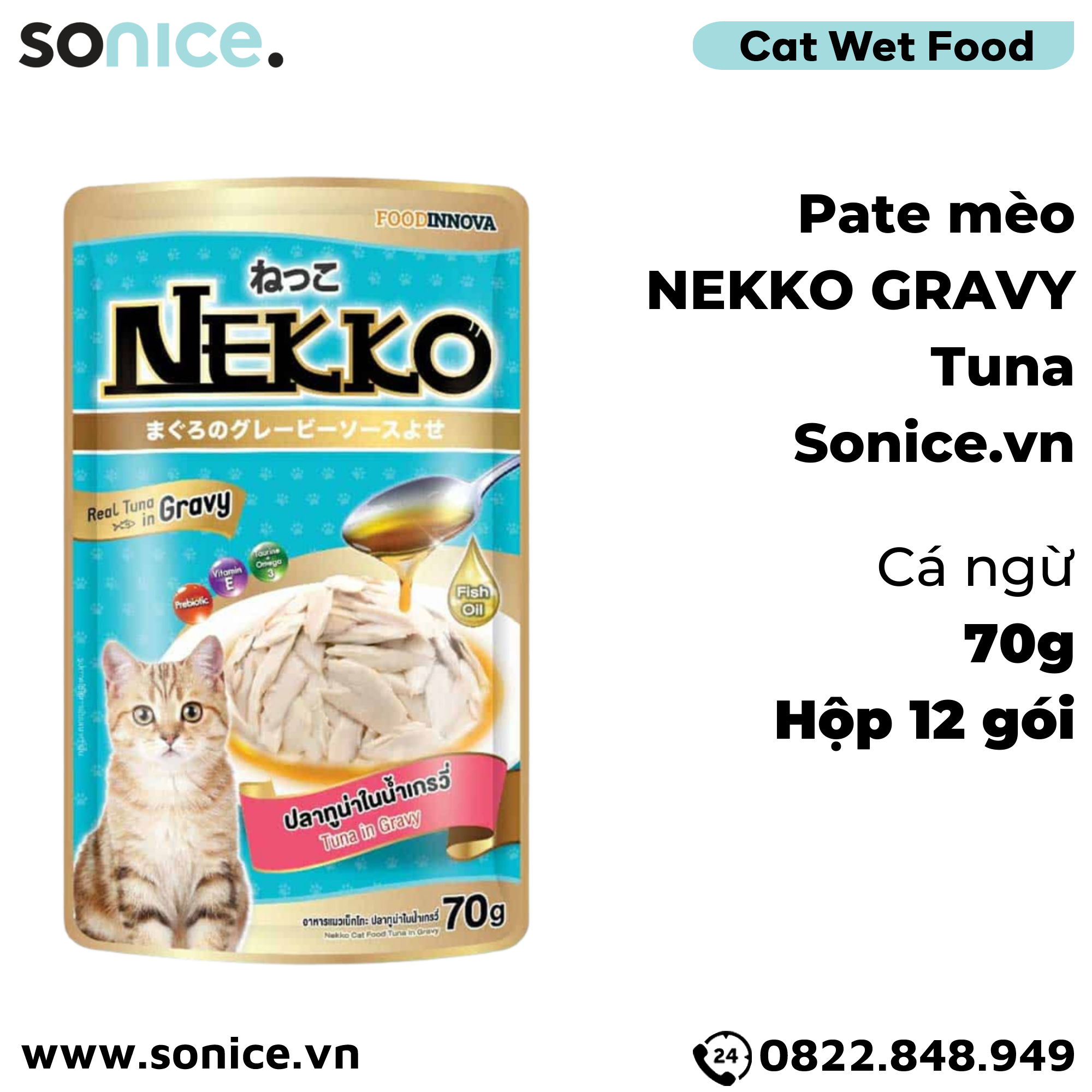 Pate mèo NEKKO GRAVY Cá Ngừ 70g - 1 hộp 12 gói SONICE.