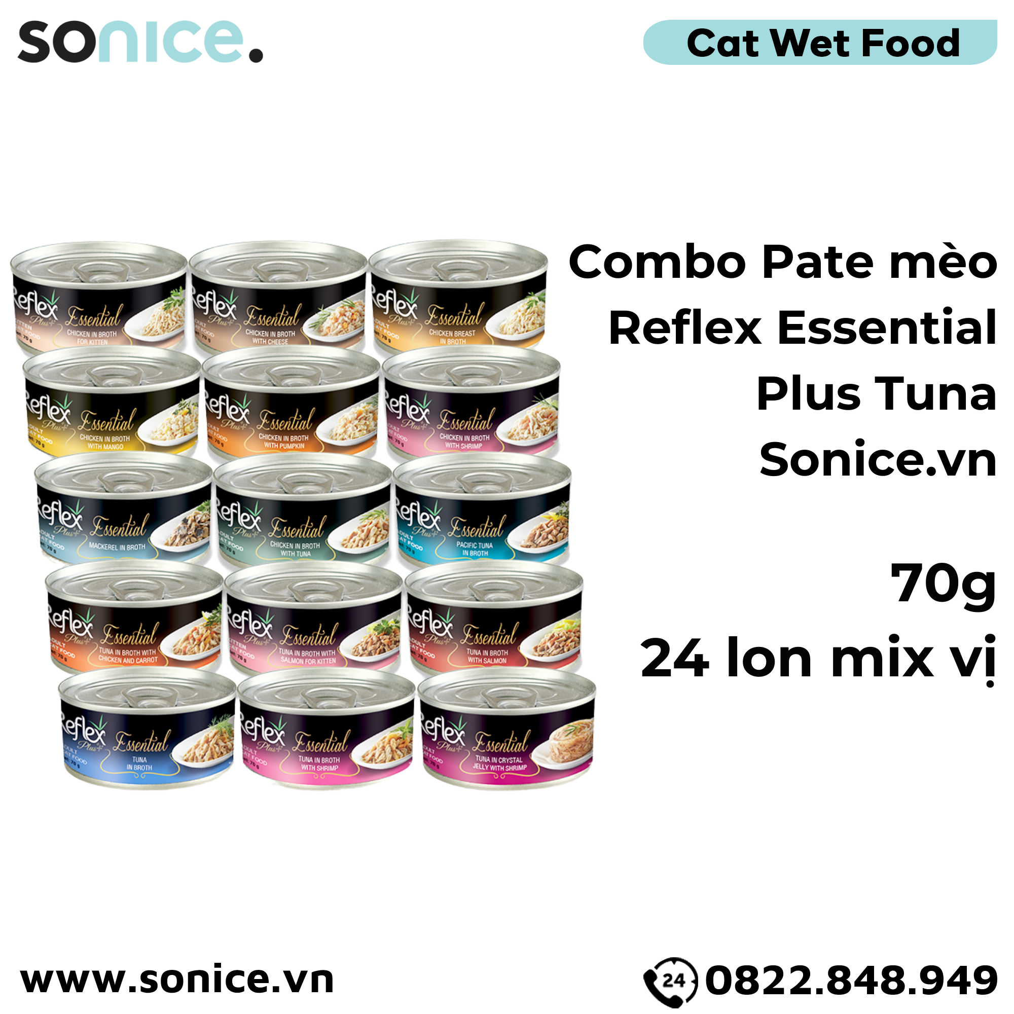 Combo Pate mèo Reflex Essential Plus Tuna 70g - Mix vị - 24 lon SONICE.