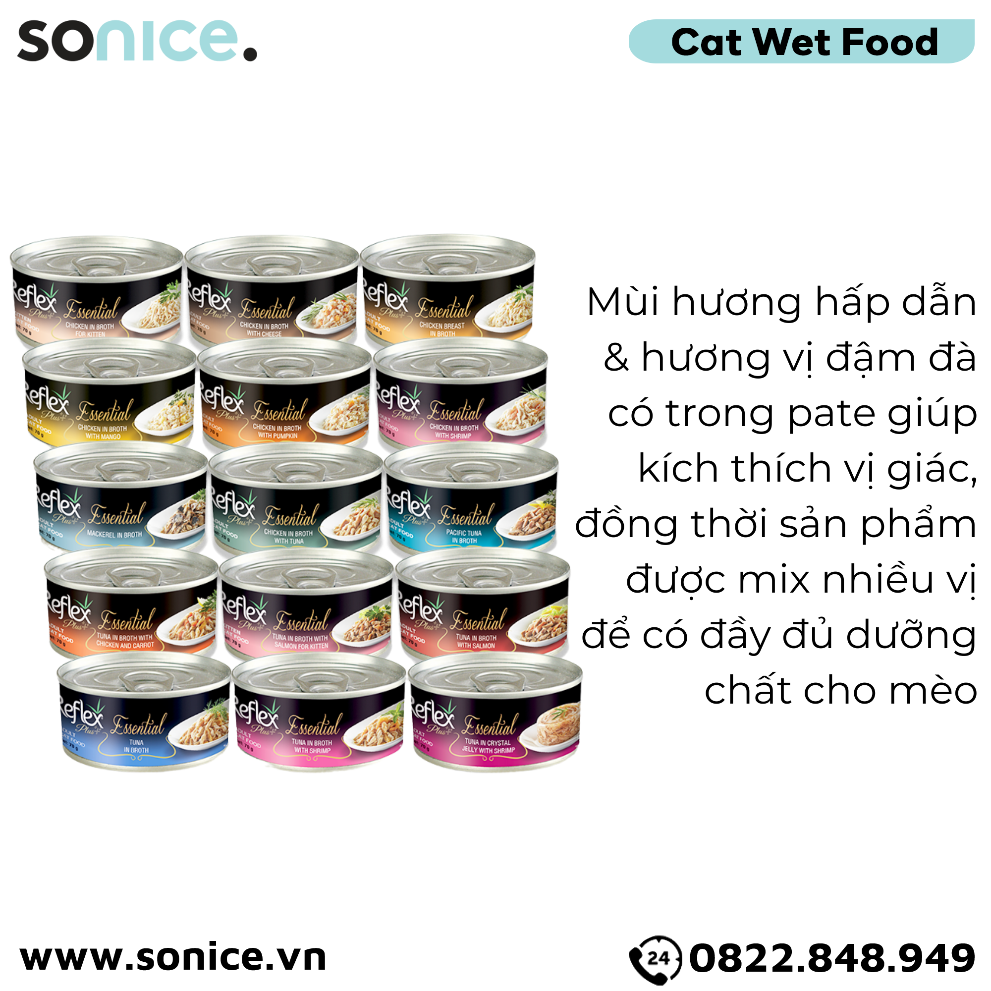 Combo Pate mèo Reflex Essential Plus Tuna 70g - Mix vị - 24 lon SONICE.