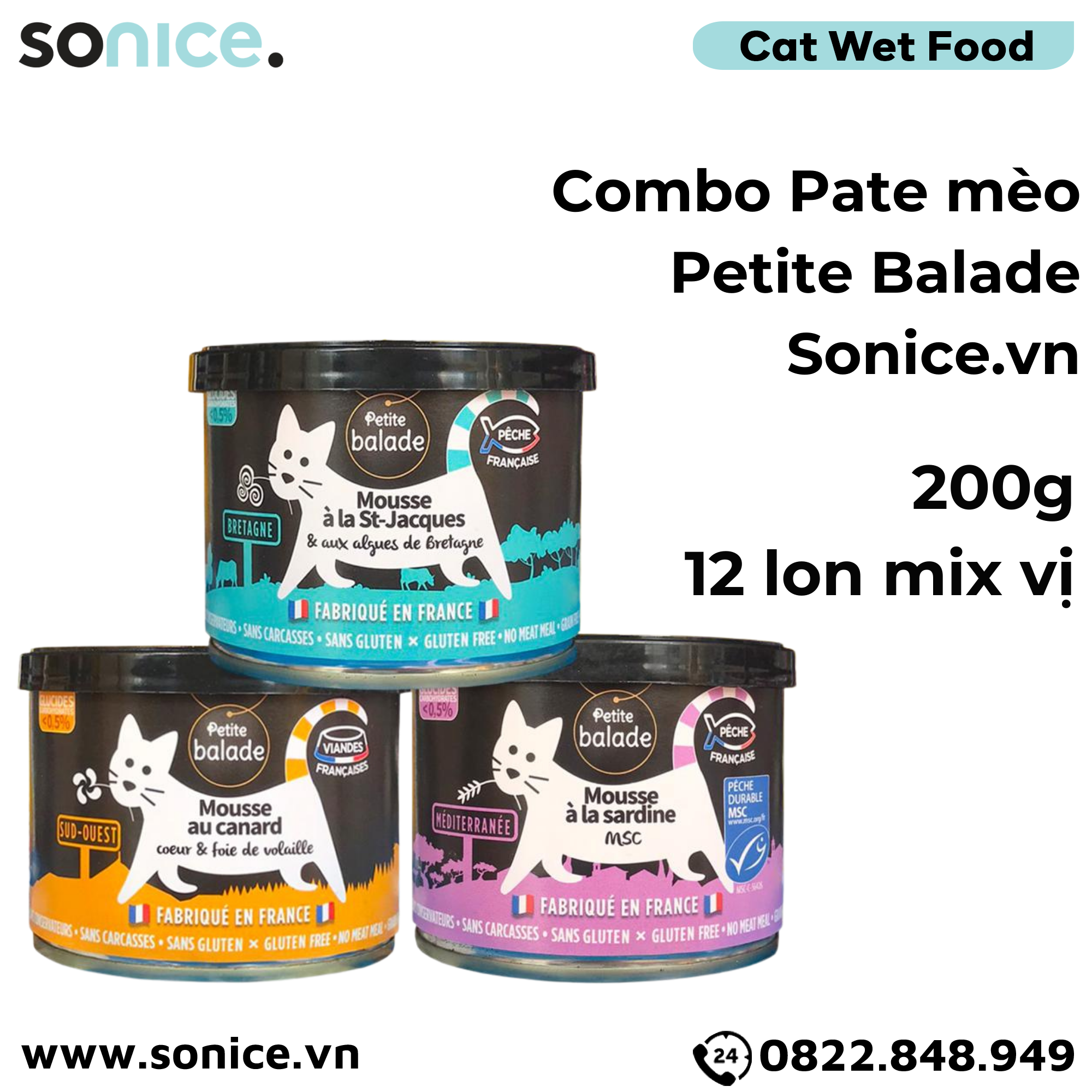 Combo Pate mèo Petite Balade 200g mix 3 vị - Thịt gà, cá mòi, thịt vịt, sò điệp - 12 lon SONICE.