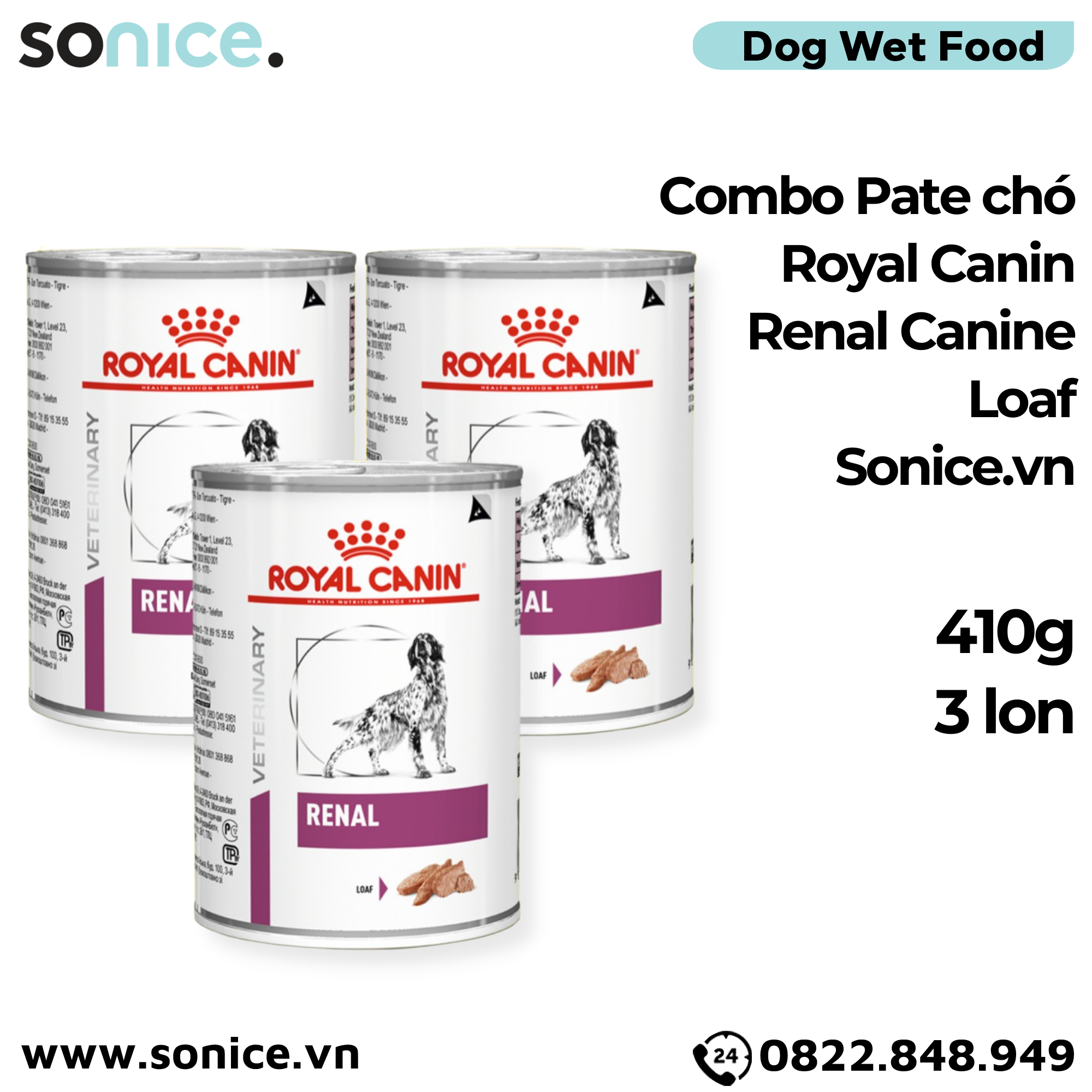 Combo Pate chó Royal Canin Renal Canine Loaf 410g - Hỗ trợ trị sỏi thận Petmall - 3 lon SONICE.