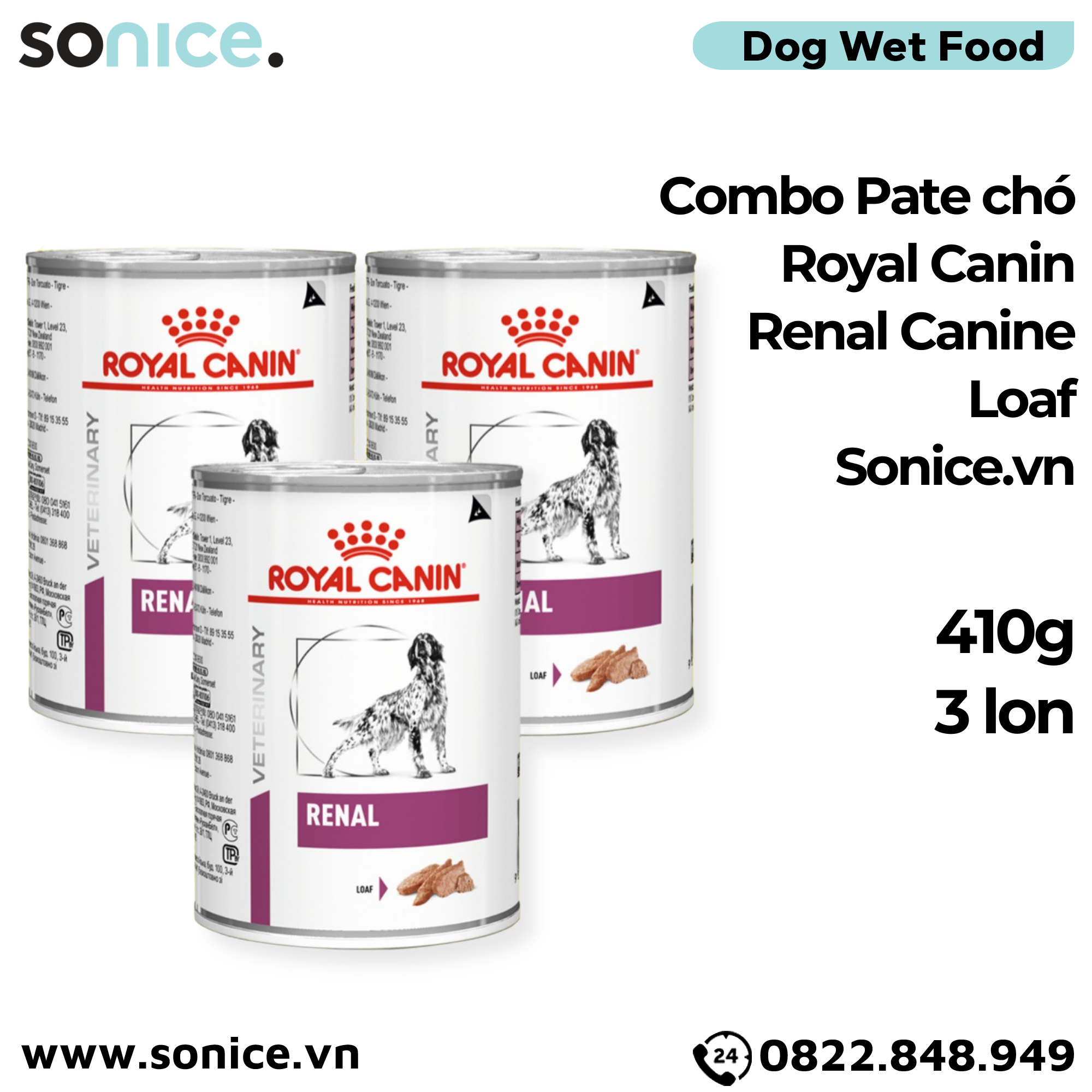  Combo Pate chó Royal Canin Renal Canine Loaf 410g - Hỗ trợ trị sỏi thận Petmall - 3 lon SONICE. 