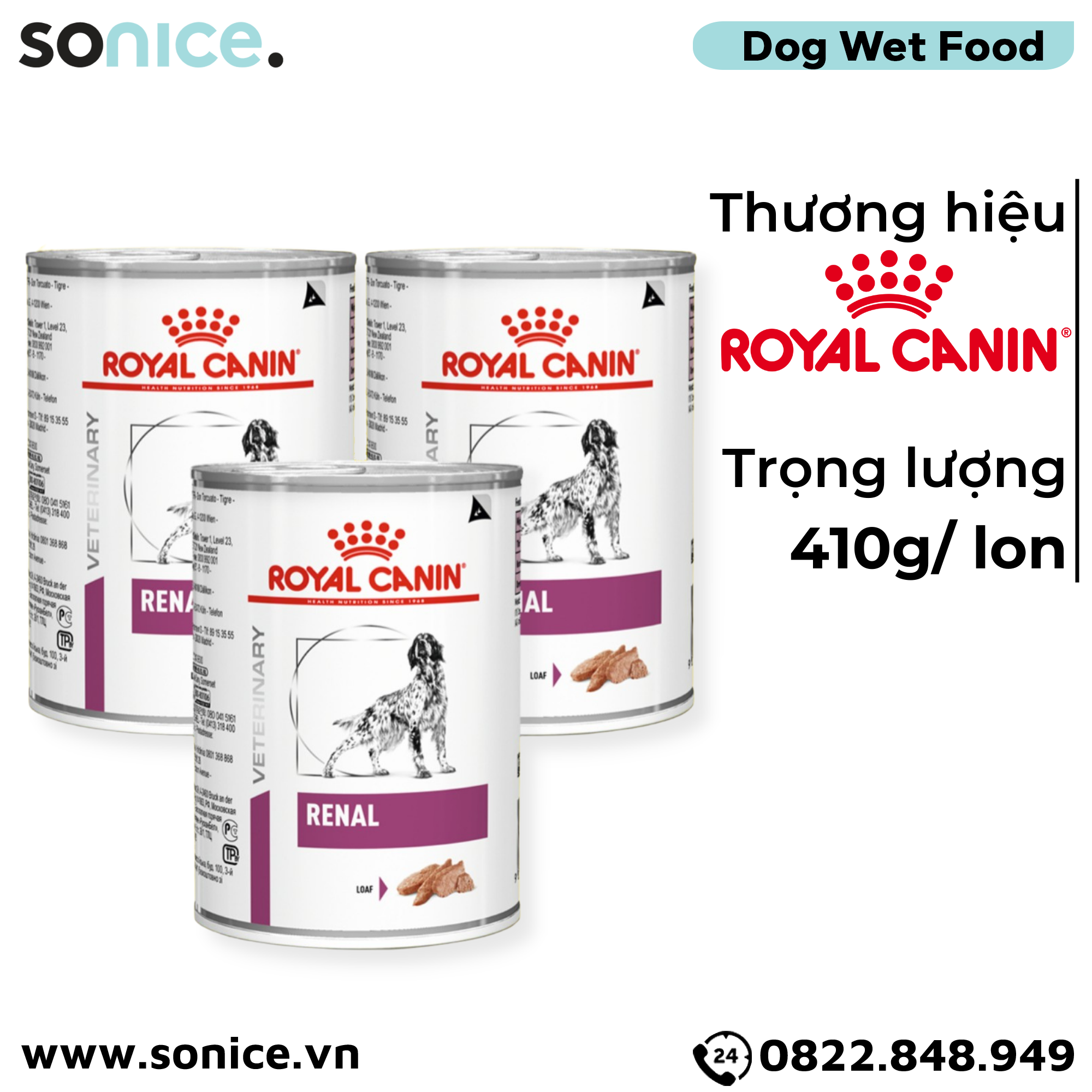  Combo Pate chó Royal Canin Renal Canine Loaf 410g - Hỗ trợ trị sỏi thận Petmall - 3 lon SONICE. 