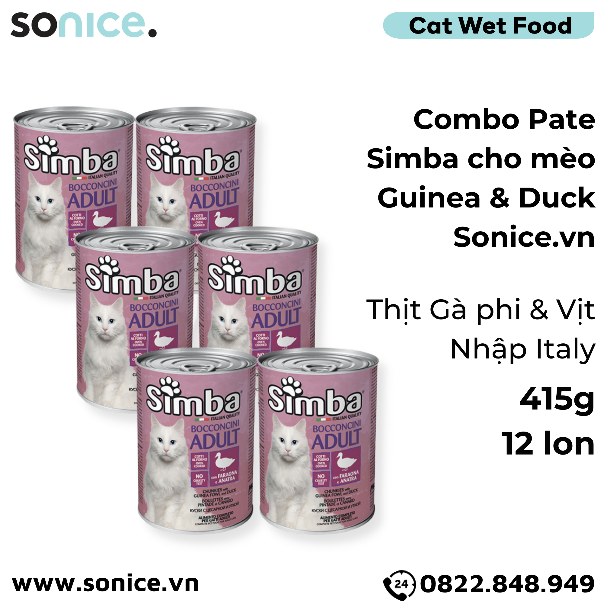 Combo Pate Simba cho Mèo Guinea & Duck 415g - 12 lon Thịt Gà Phi & Vịt Nhập Italy SONICE.