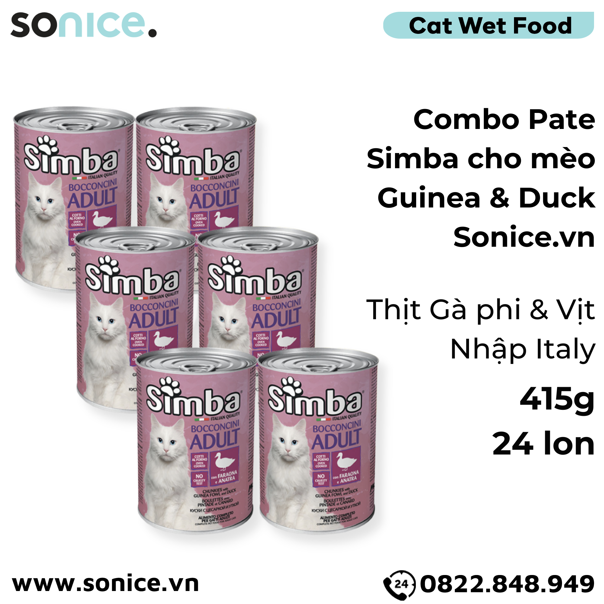 Combo Pate Simba cho Mèo Guinea & Duck 415g - 24 lon Thịt Gà Phi & Vịt Nhập Italy SONICE.