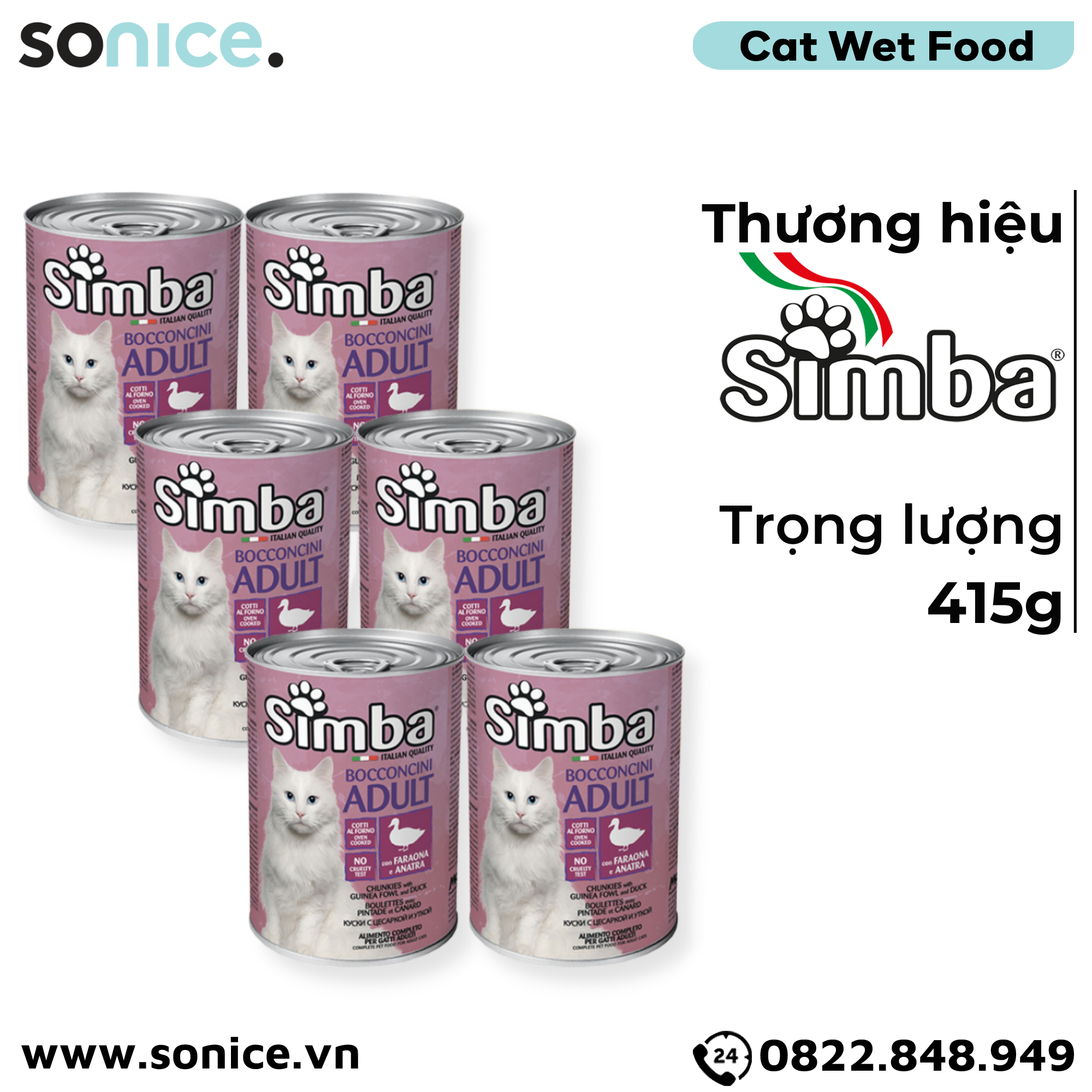 Combo Pate Simba cho Mèo Guinea & Duck 415g - 6 lon Thịt Gà Phi & Vịt Nhập Italy SONICE.