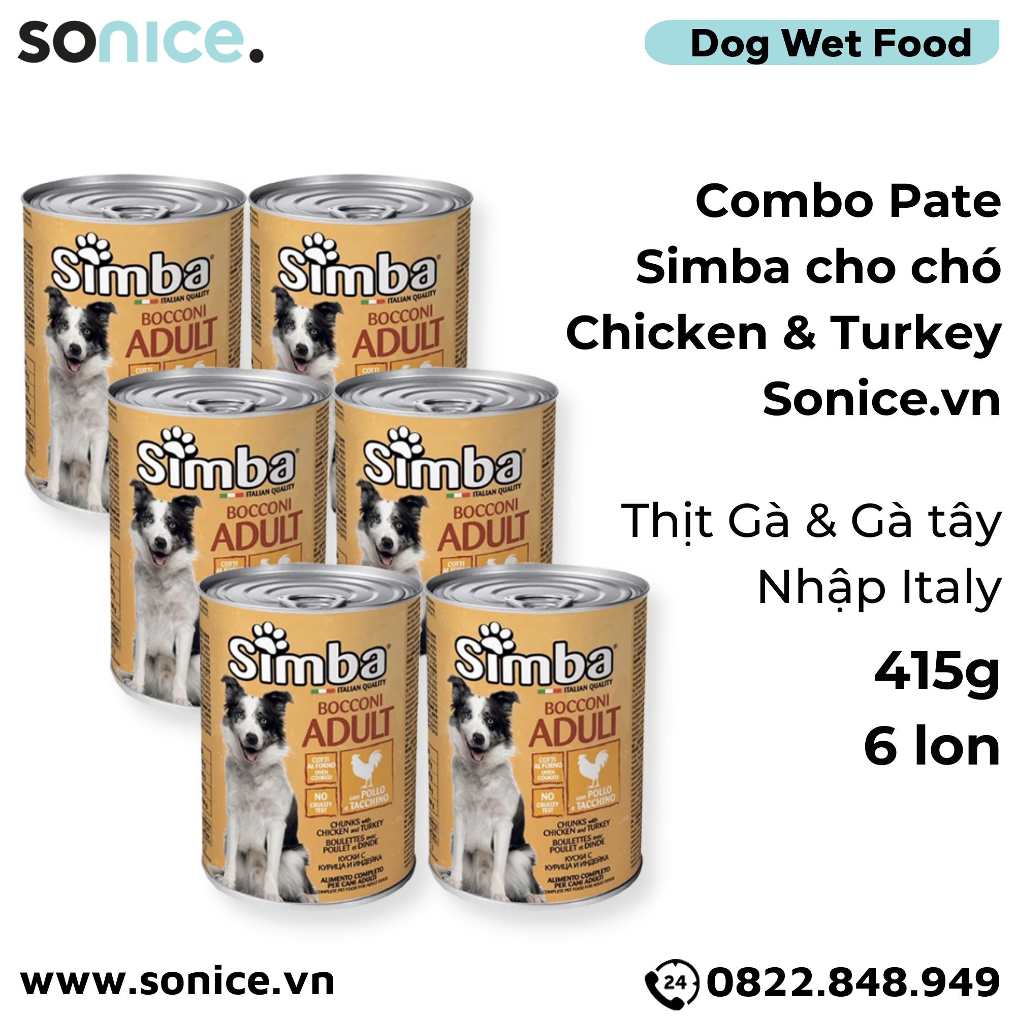 Combo Pate Simba cho Chó Chicken & Turkey 415g - 6 lon Thịt Gà & Gà tây Nhập Italy SONICE.