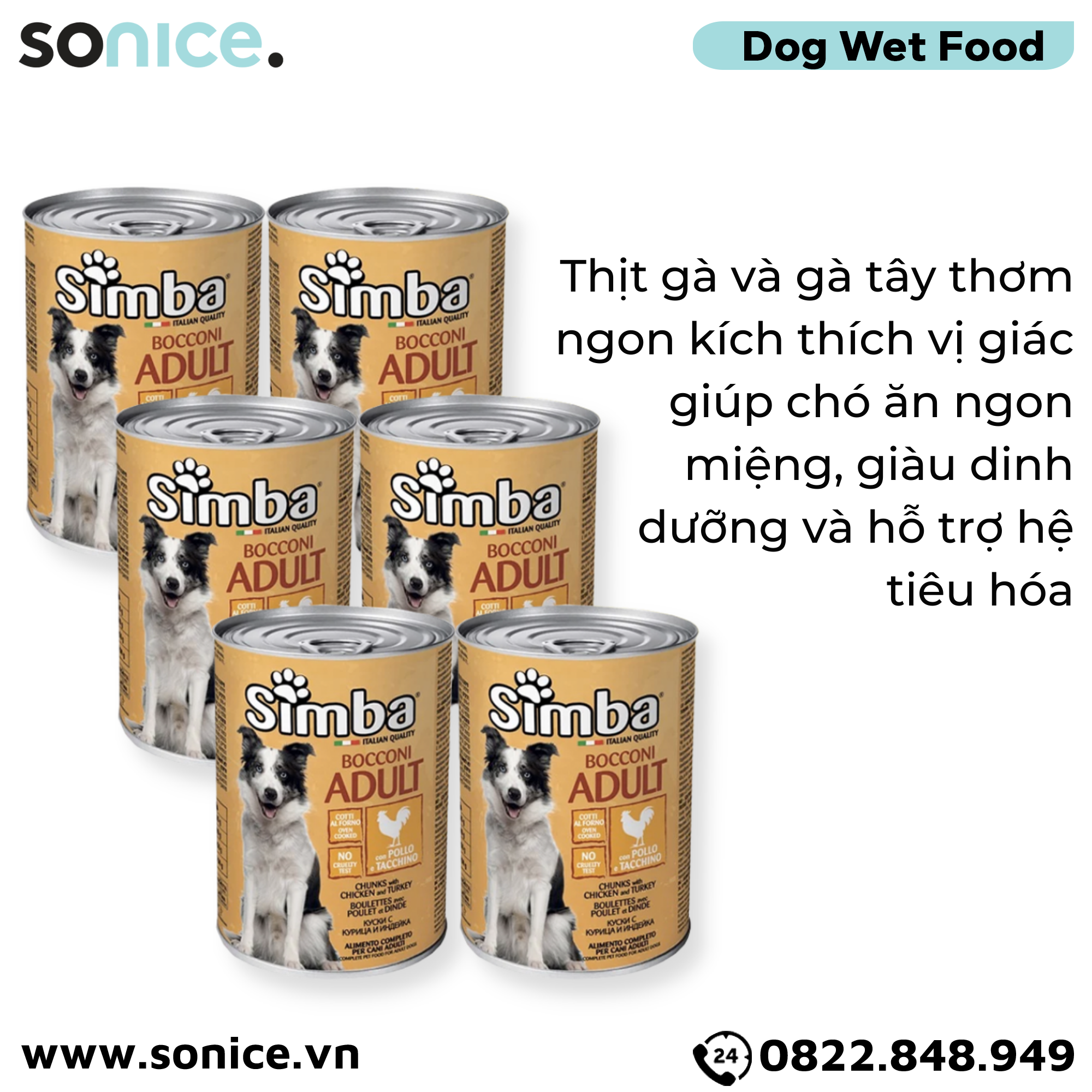 Combo Pate Simba cho Chó Chicken & Turkey 415g - 6 lon Thịt Gà & Gà tây Nhập Italy SONICE.