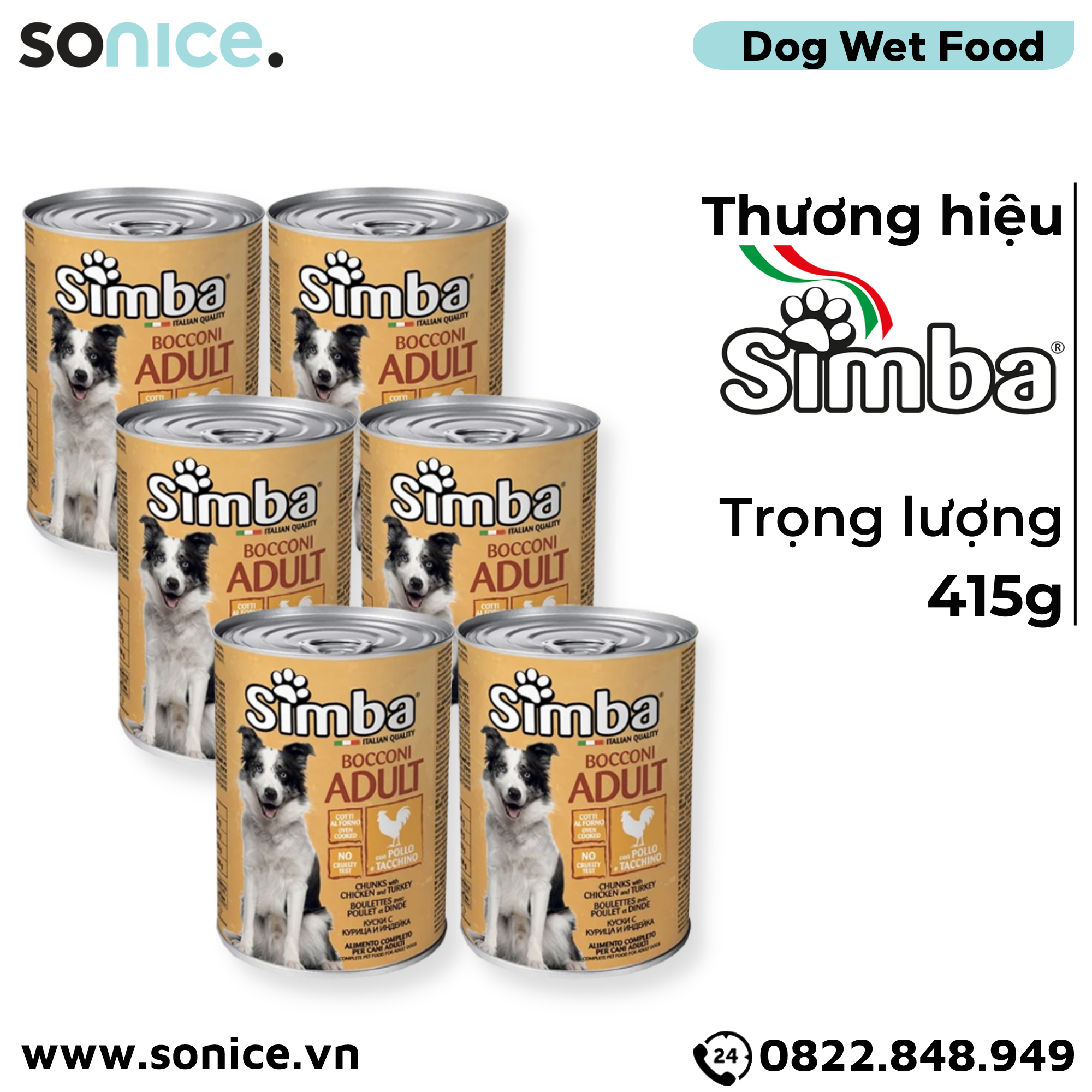  Combo Pate Simba cho Chó Chicken & Turkey 415g - 6 lon Thịt Gà & Gà tây Nhập Italy SONICE. 