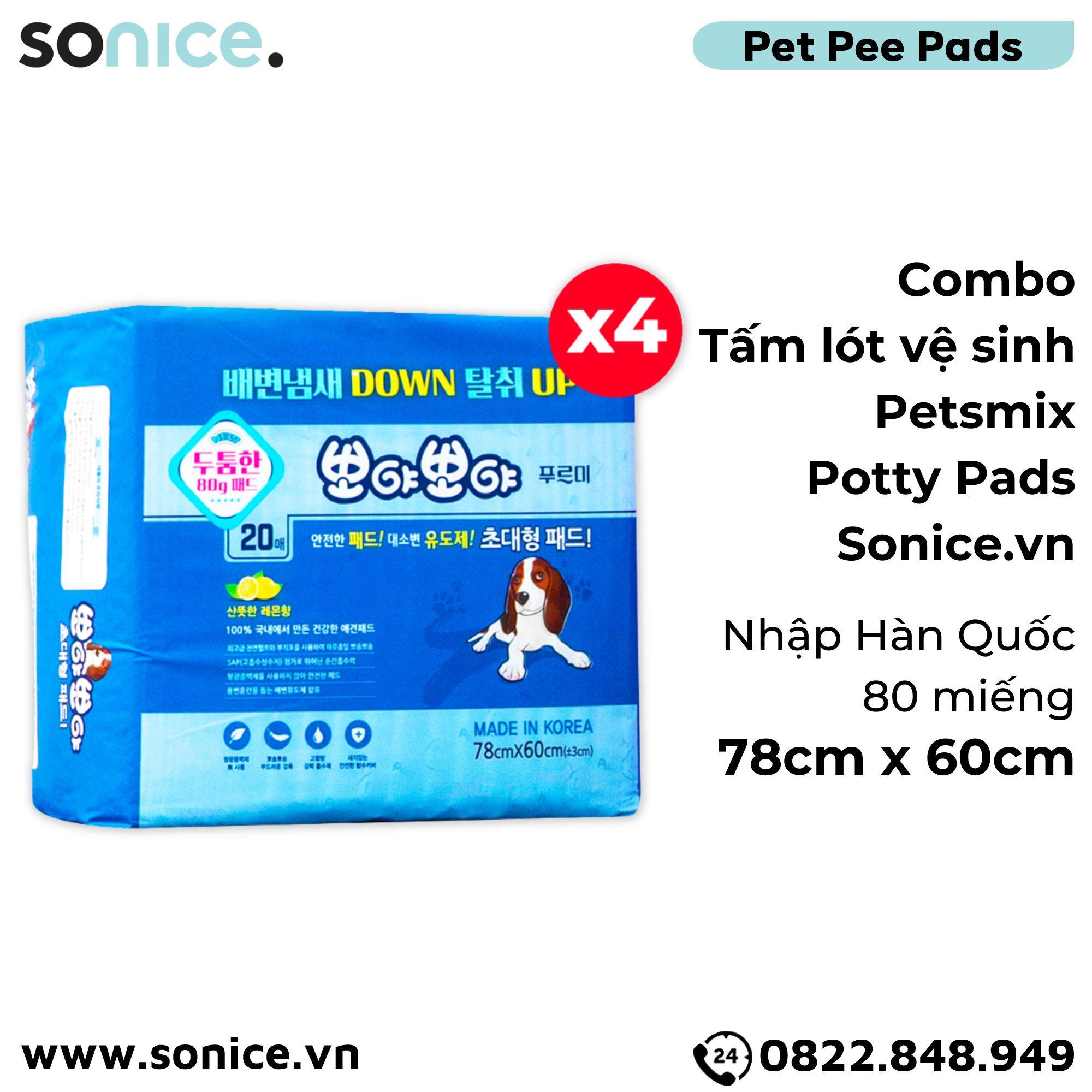 Combo Tấm lót vệ sinh Petsmix Potty Pads 78cm x 60cm - 80 miếng nhập Hàn Quốc SONICE.