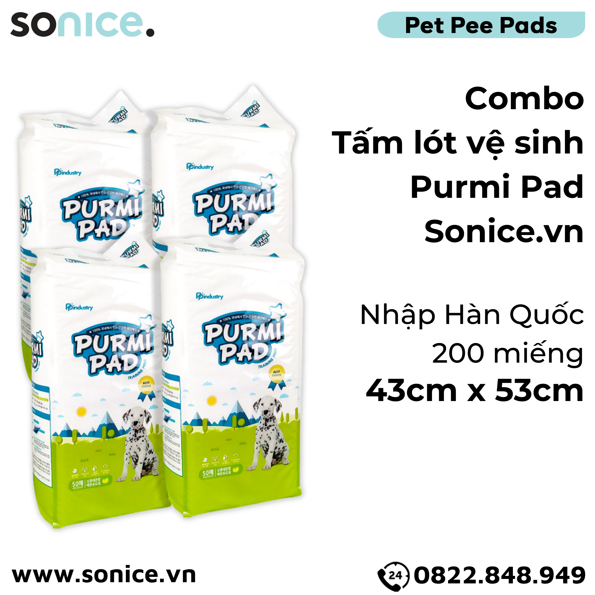 Combo Tấm lót vệ sinh Purmi Pad 43cm x 53cm - 200 miếng nhập Hàn Quốc SONICE.