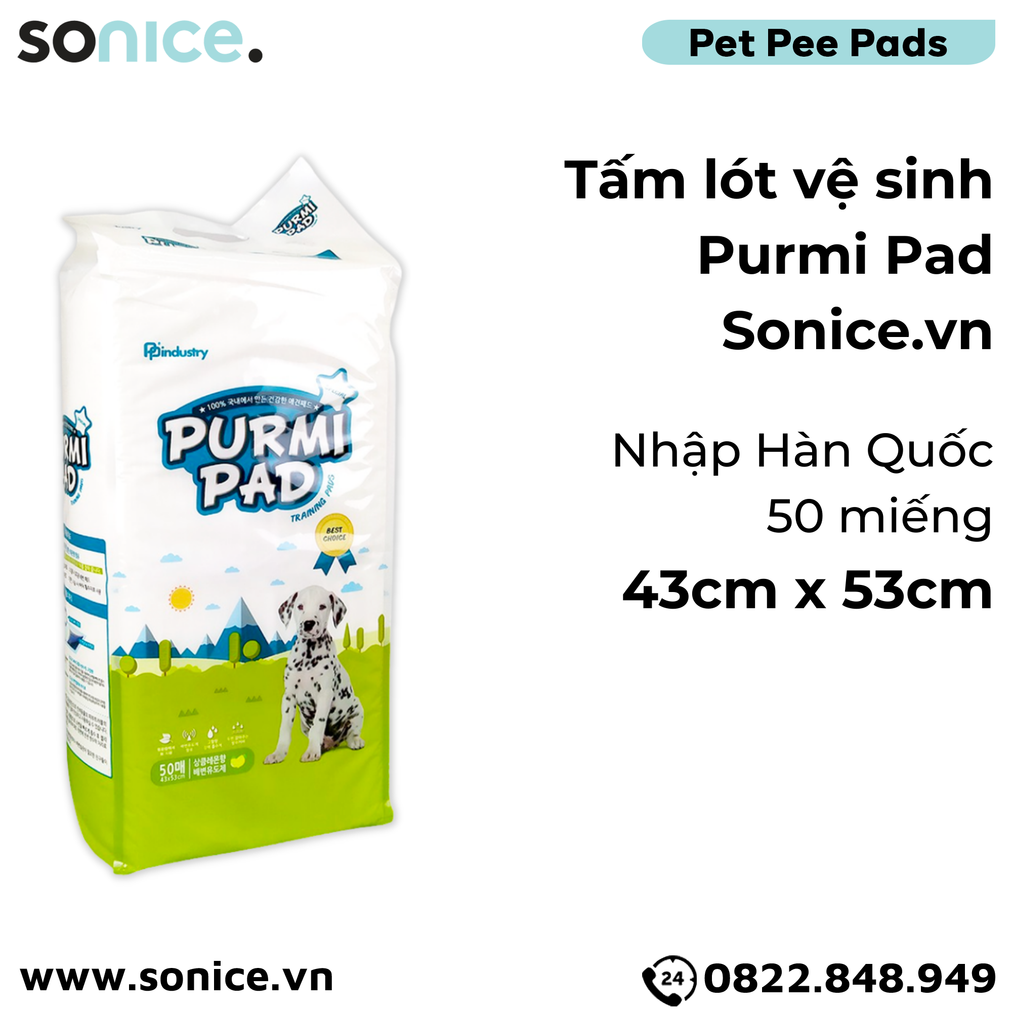 Tấm lót vệ sinh Purmi Pad 43cm x 53cm - 50 miếng nhập Hàn Quốc SONICE.