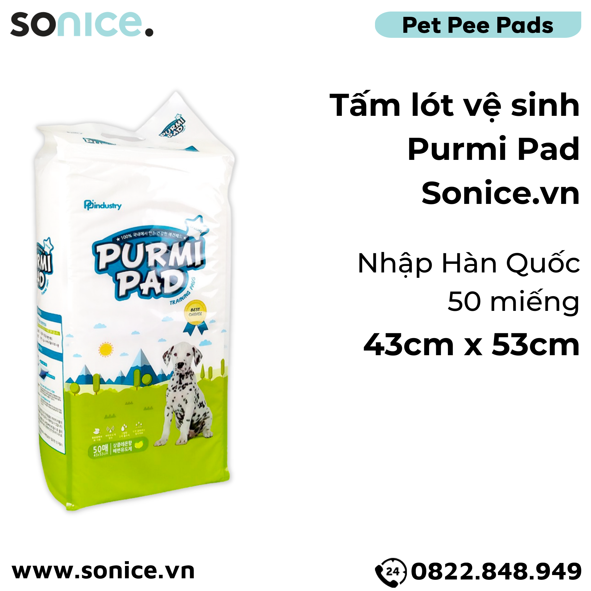  Tấm lót vệ sinh Purmi Pad 43cm x 53cm - 50 miếng nhập Hàn Quốc SONICE. 