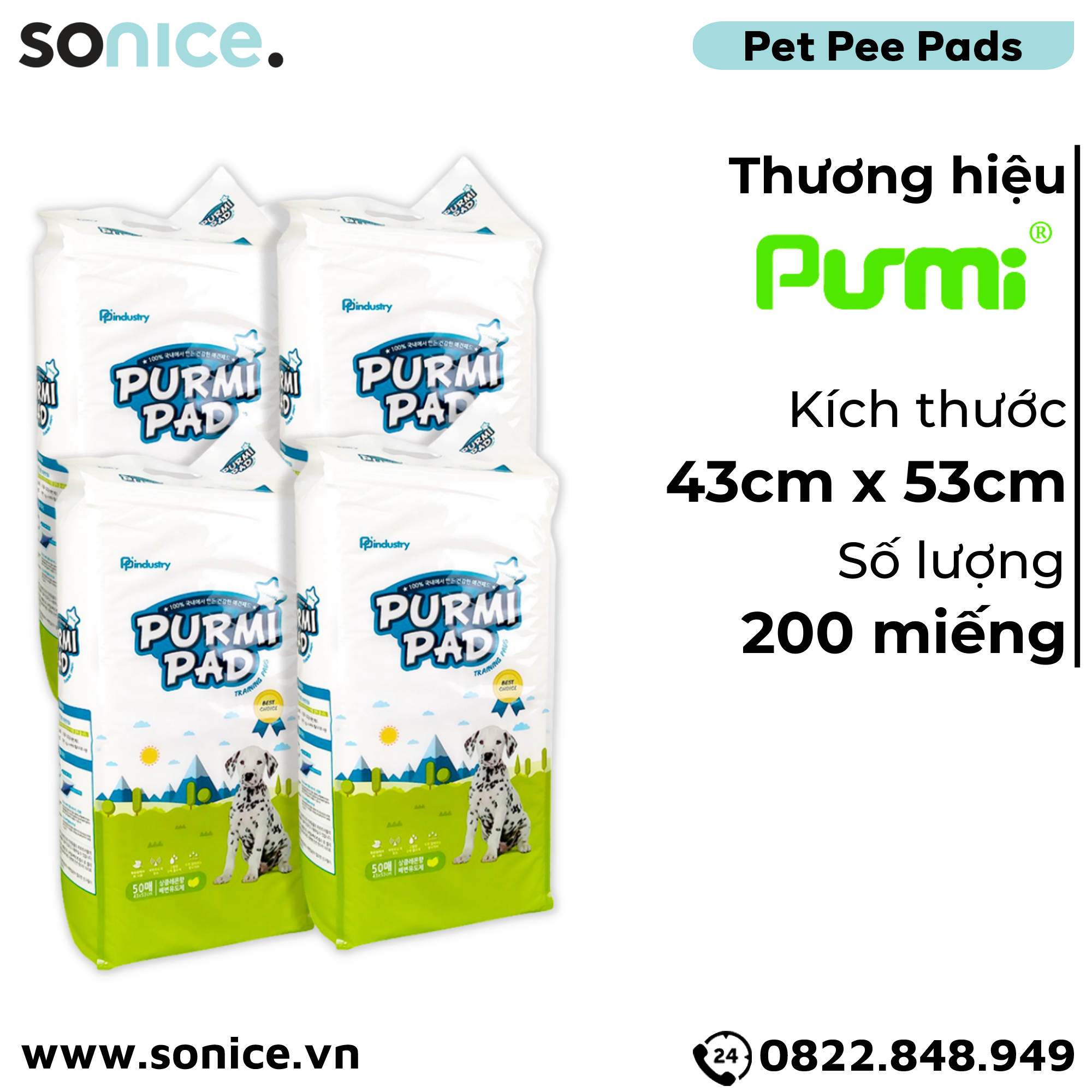 Combo Tấm lót vệ sinh Purmi Pad 43cm x 53cm - 200 miếng nhập Hàn Quốc SONICE.