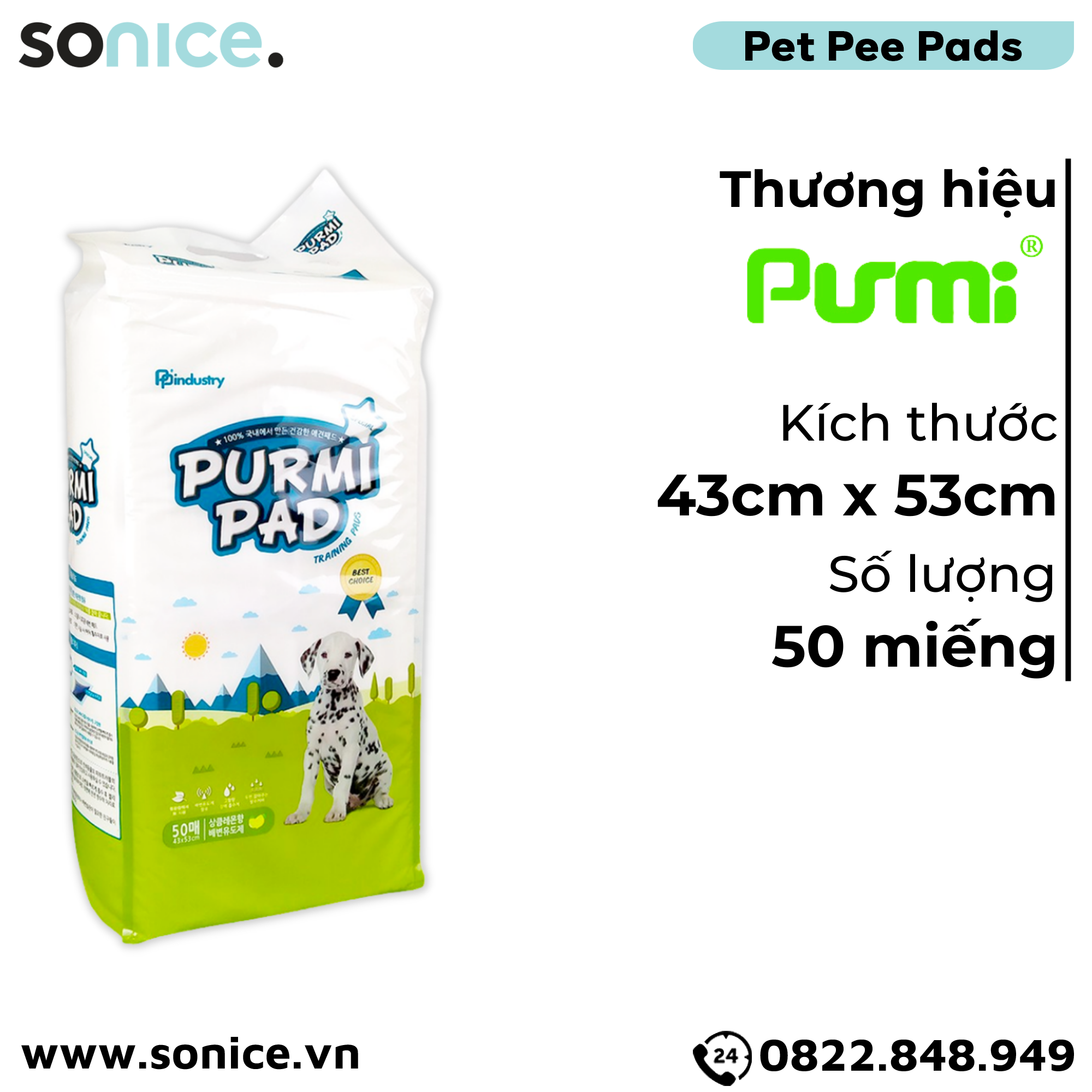 Tấm lót vệ sinh Purmi Pad 43cm x 53cm - 50 miếng nhập Hàn Quốc SONICE.