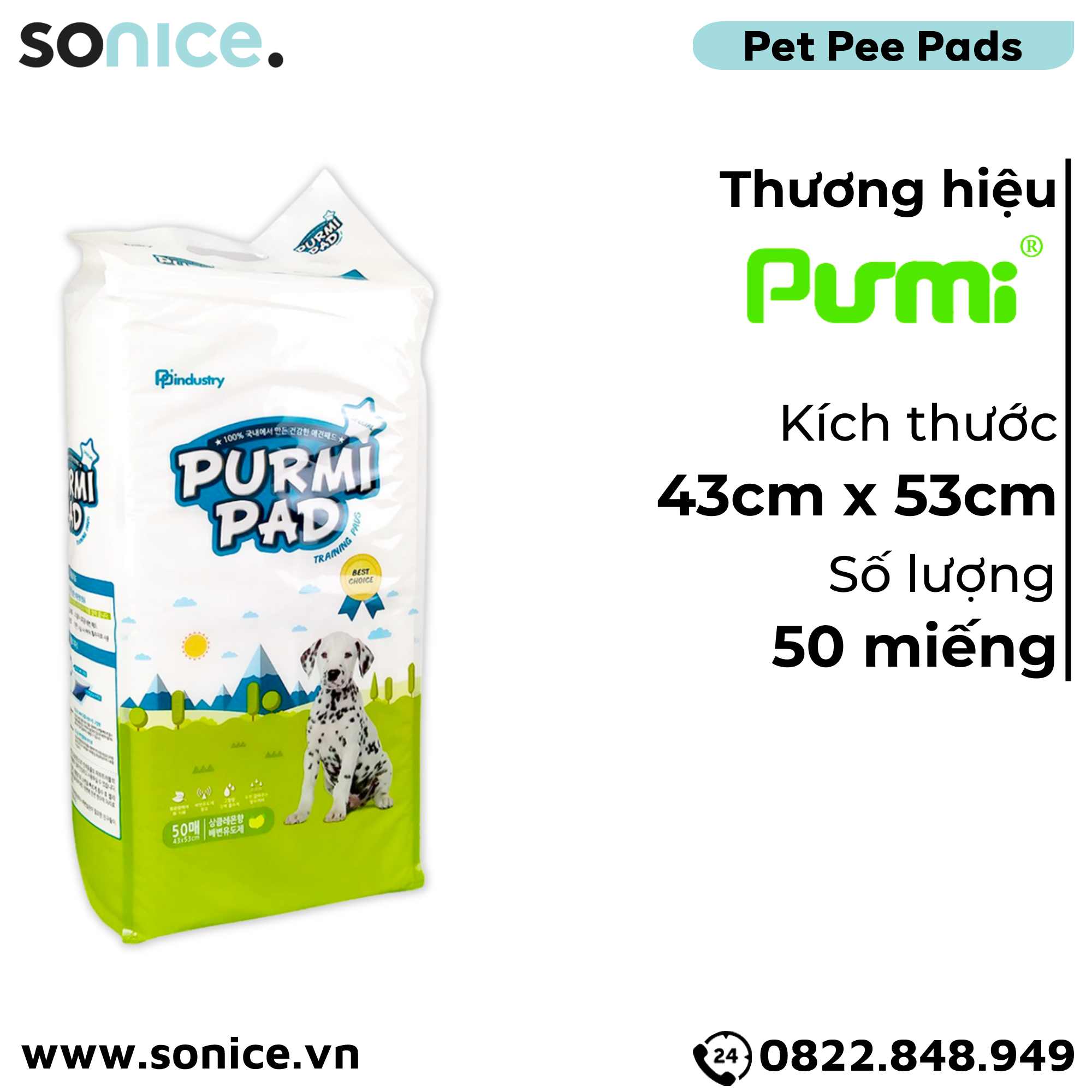  Tấm lót vệ sinh Purmi Pad 43cm x 53cm - 50 miếng nhập Hàn Quốc SONICE. 