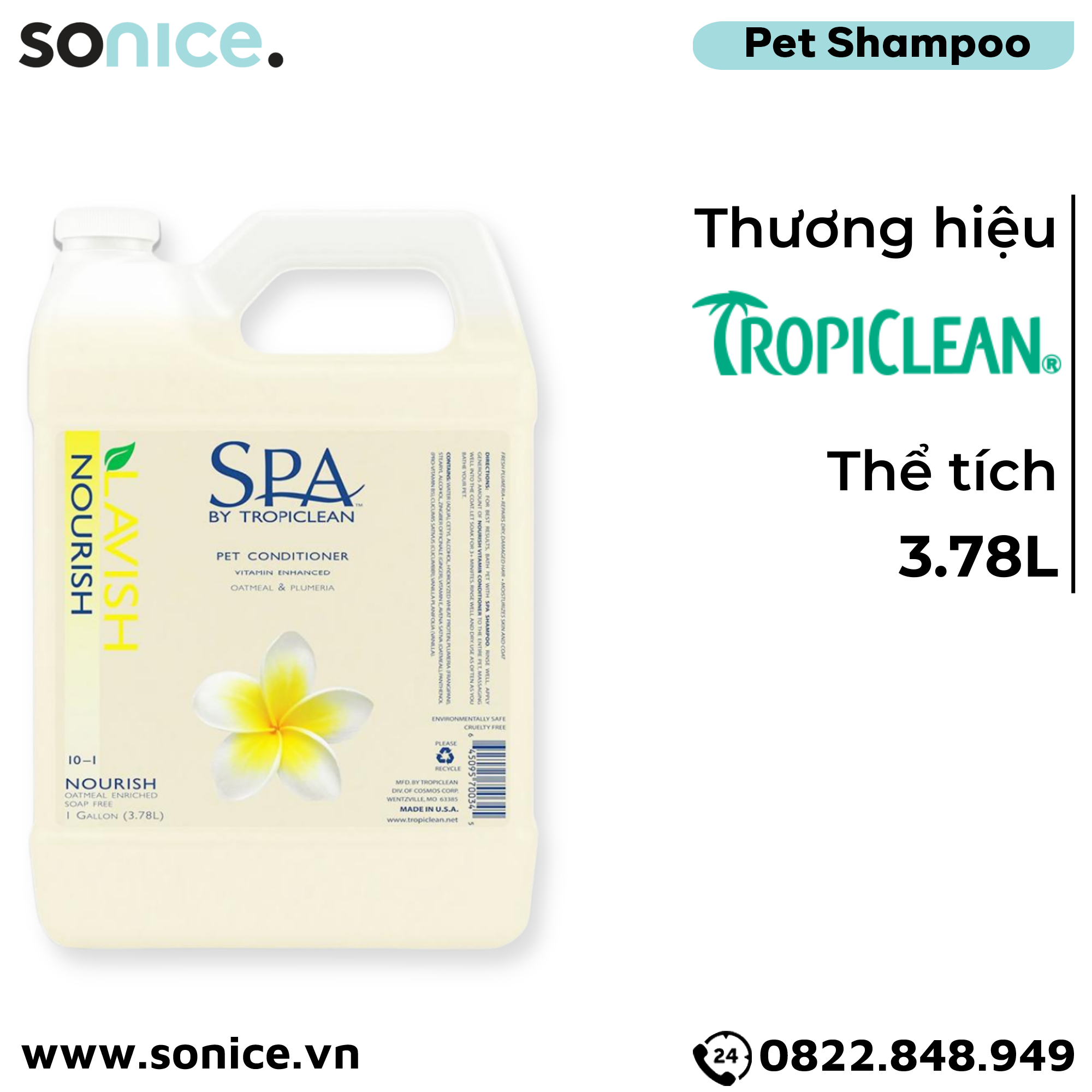 Dầu xả Spa Nourish Conditioner 3.78L - Hương hoa sứ, cung cấp vitamin dưỡng lông SONICE.