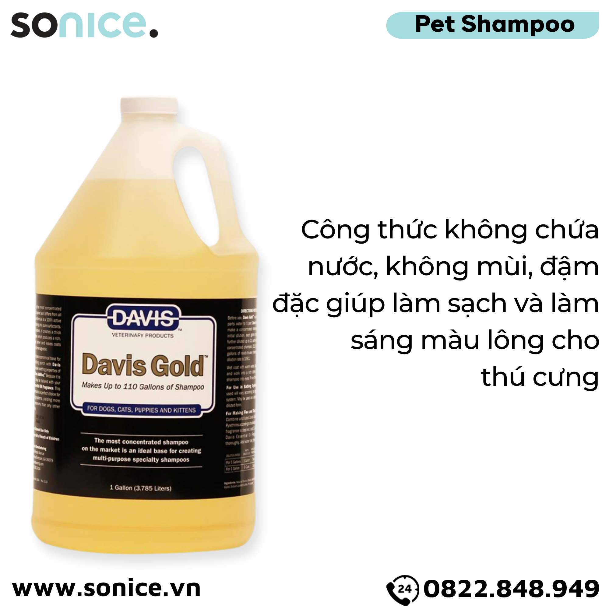 Sữa tắm đậm đặc DAVIS Gold Shampoo 3.785L - Dành cho chó mèo mọi lứa tuổi SONICE.