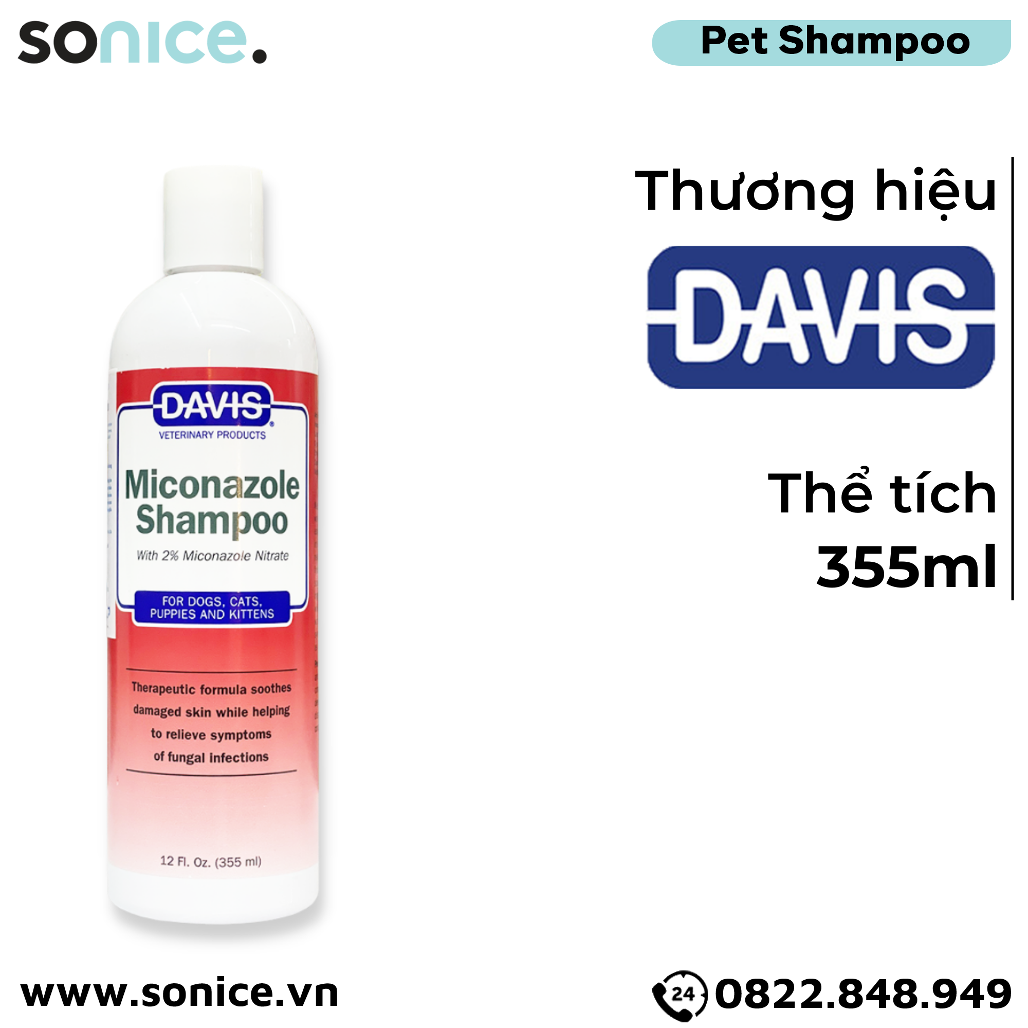 Sữa tắm DAVIS Miconazole with 2% Miconazole Nitrate Shampoo 355ml - Hỗ trợ giảm ngứa và mùi hôi, giữ ẩm da SONICE.