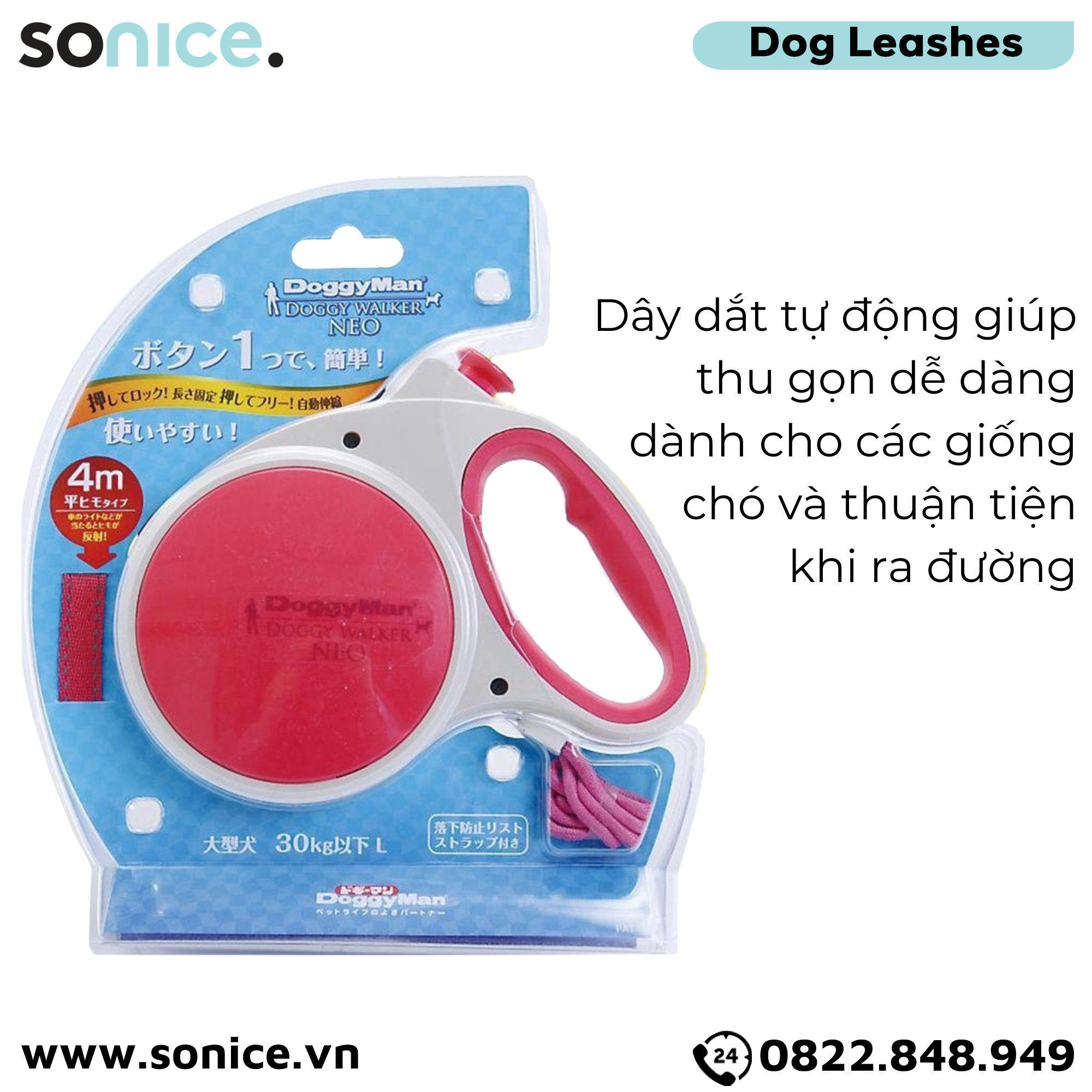  Dây dắt tự động DoggyMan Doggy Walker size L - 30kg | 4m - Màu hồng SONICE. 