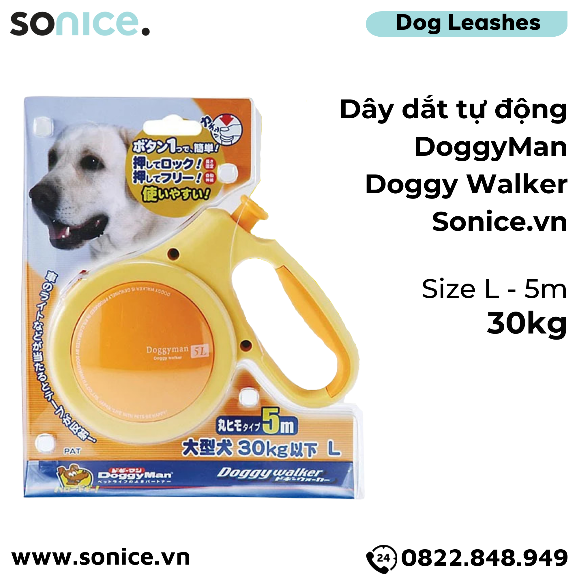  Dây dắt tự động DoggyMan Doggy Walker size L - 30kg | 5m - Màu cam SONICE. 