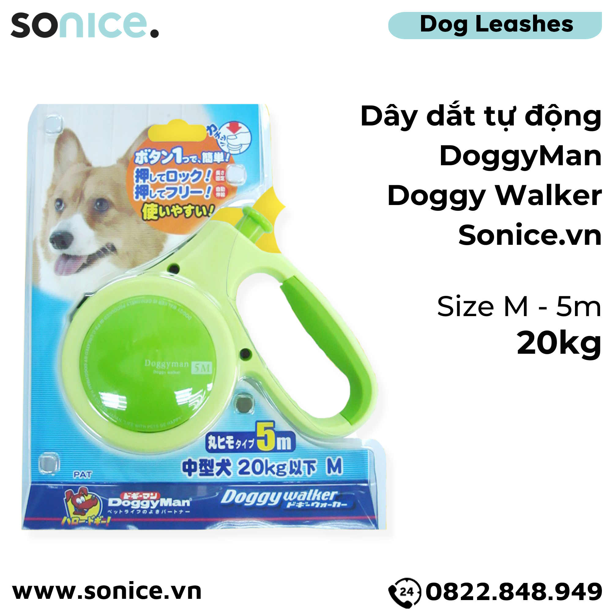 Dây dắt tự động DoggyMan Doggy Walker size M - 20kg | 5m - Xanh lá SONICE.
