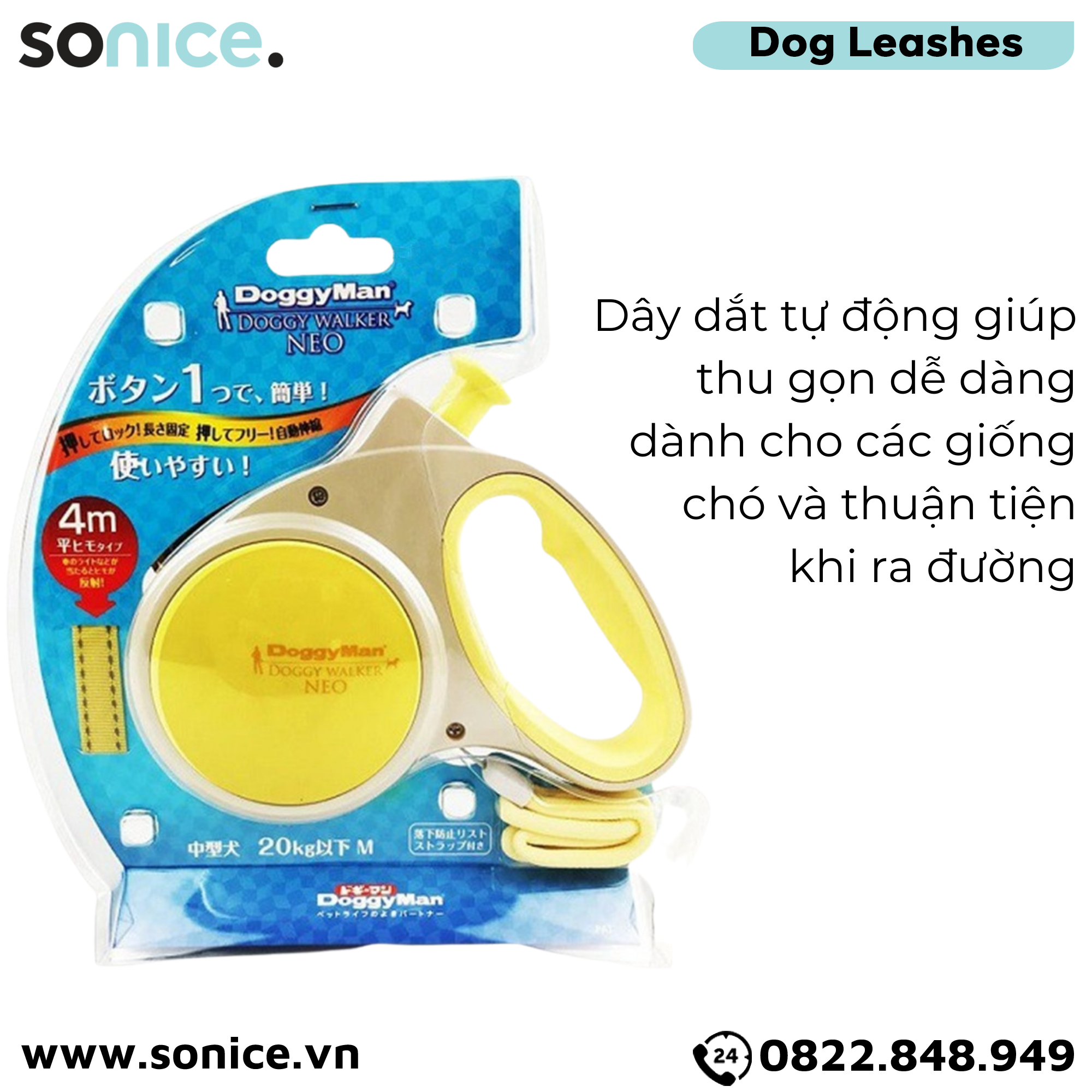 Dây dắt tự động DoggyMan Doggy Walker size M - 20kg | 4m - Màu vàng SONICE.