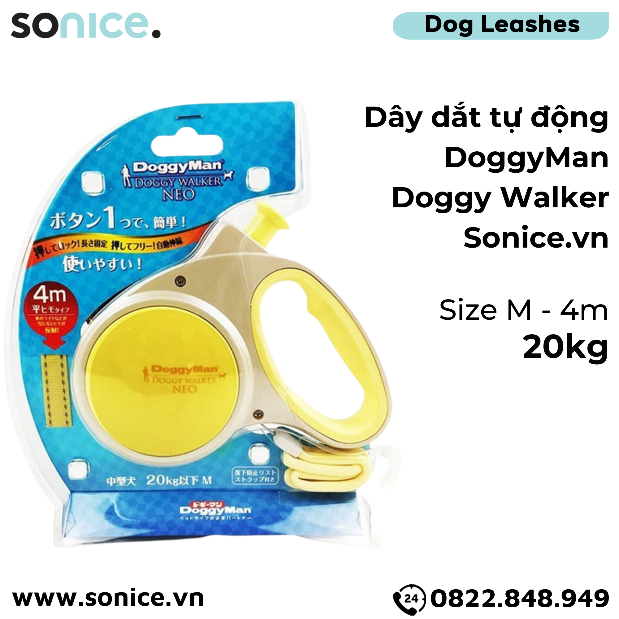  Dây dắt tự động DoggyMan Doggy Walker size M - 20kg | 4m - Màu vàng SONICE. 