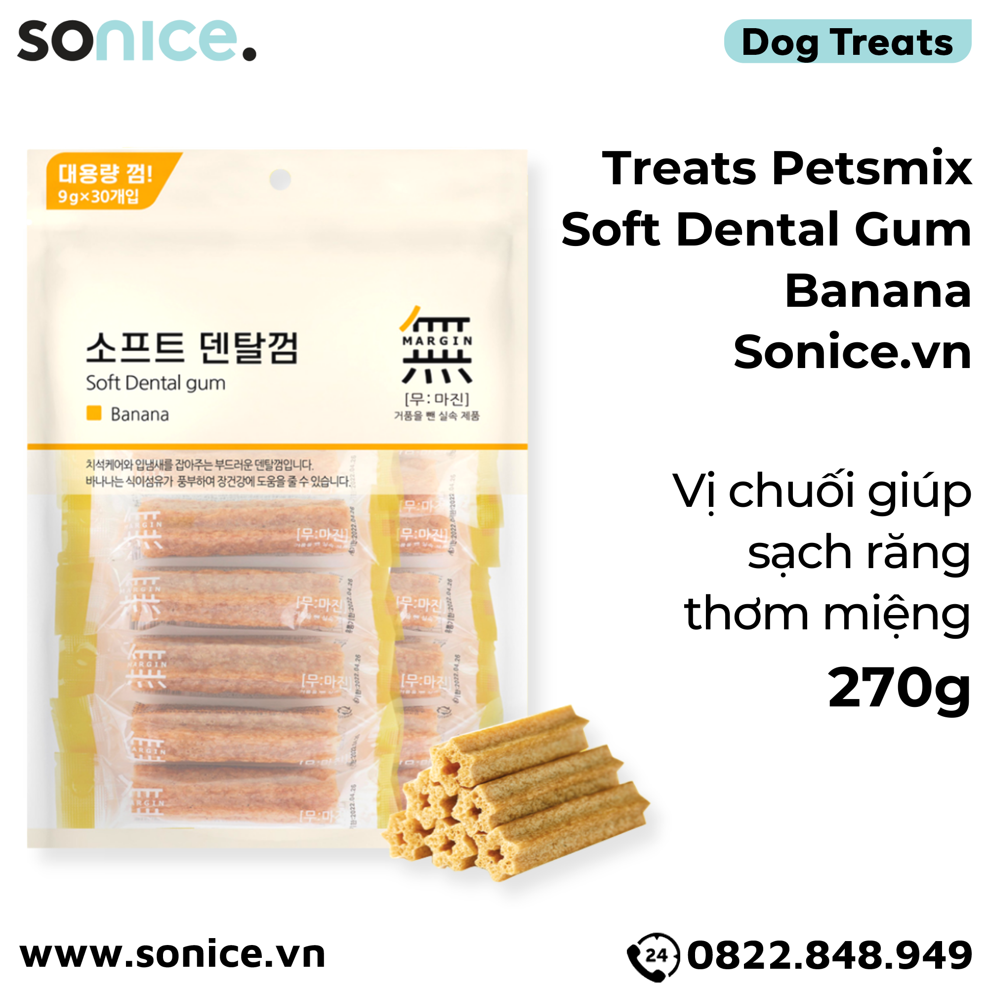 Treats Petsmix Soft Dental Gum Banana 270g - 30 cây vị Chuối, sạch răng thơm miệng SONICE.