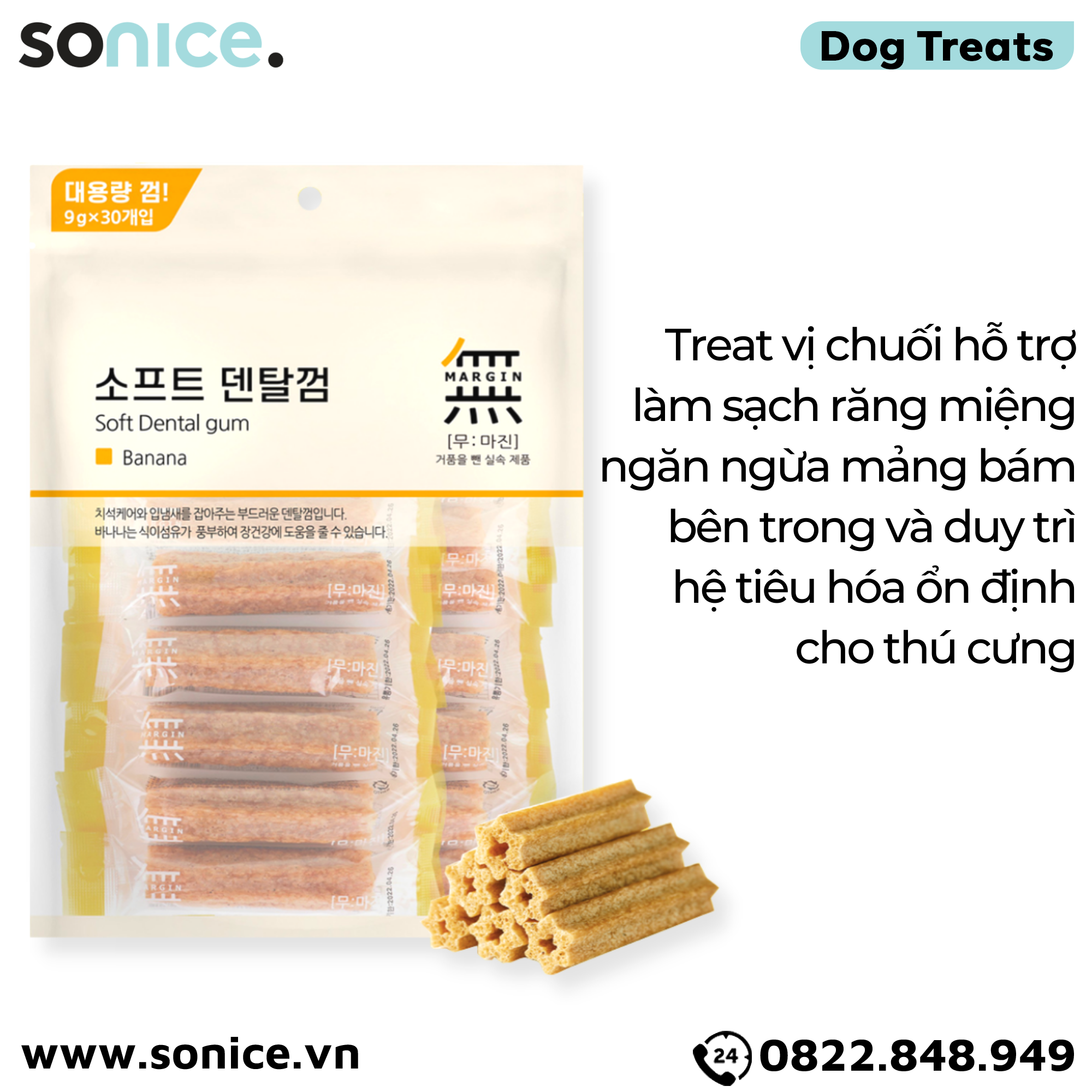  Treats Petsmix Soft Dental Gum Banana 270g - 30 cây vị Chuối, sạch răng thơm miệng SONICE. 